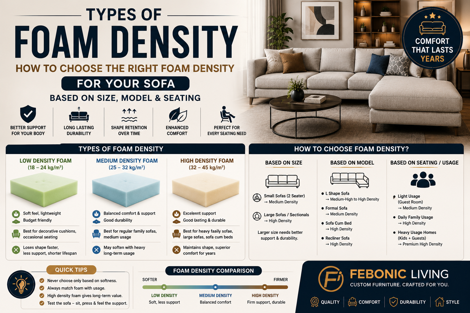 🛋️ Types of Foam Density & How to Choose the Right Foam for Your Sofa (2026 Guide)
