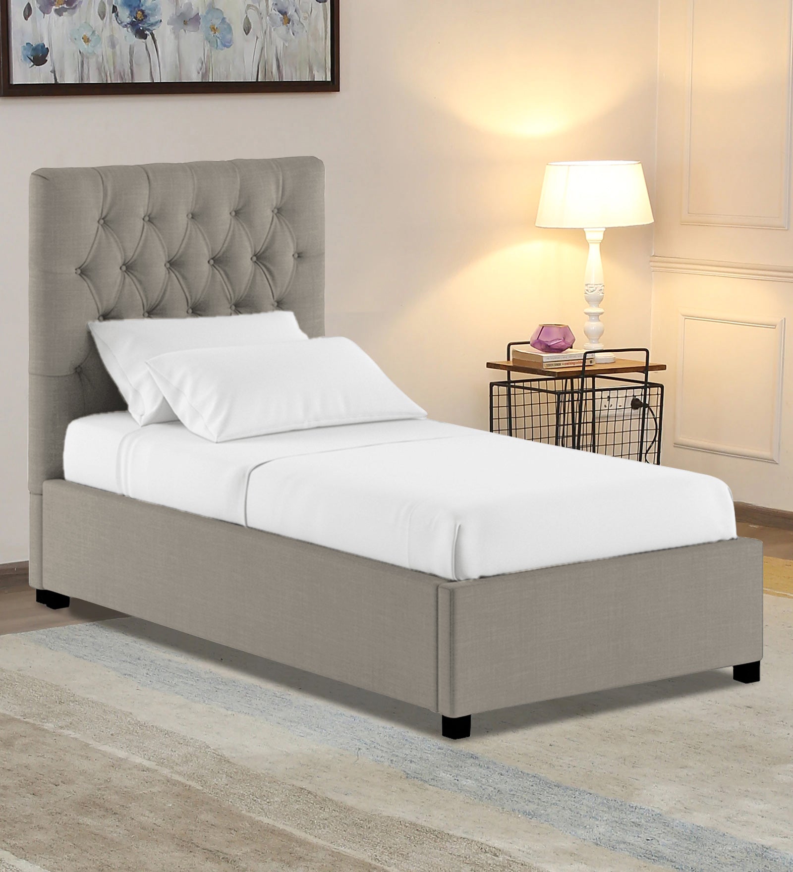 Isko Fabric Upholstered Single Bed in Ash Grey Colour with Box Storage - Febonic Living