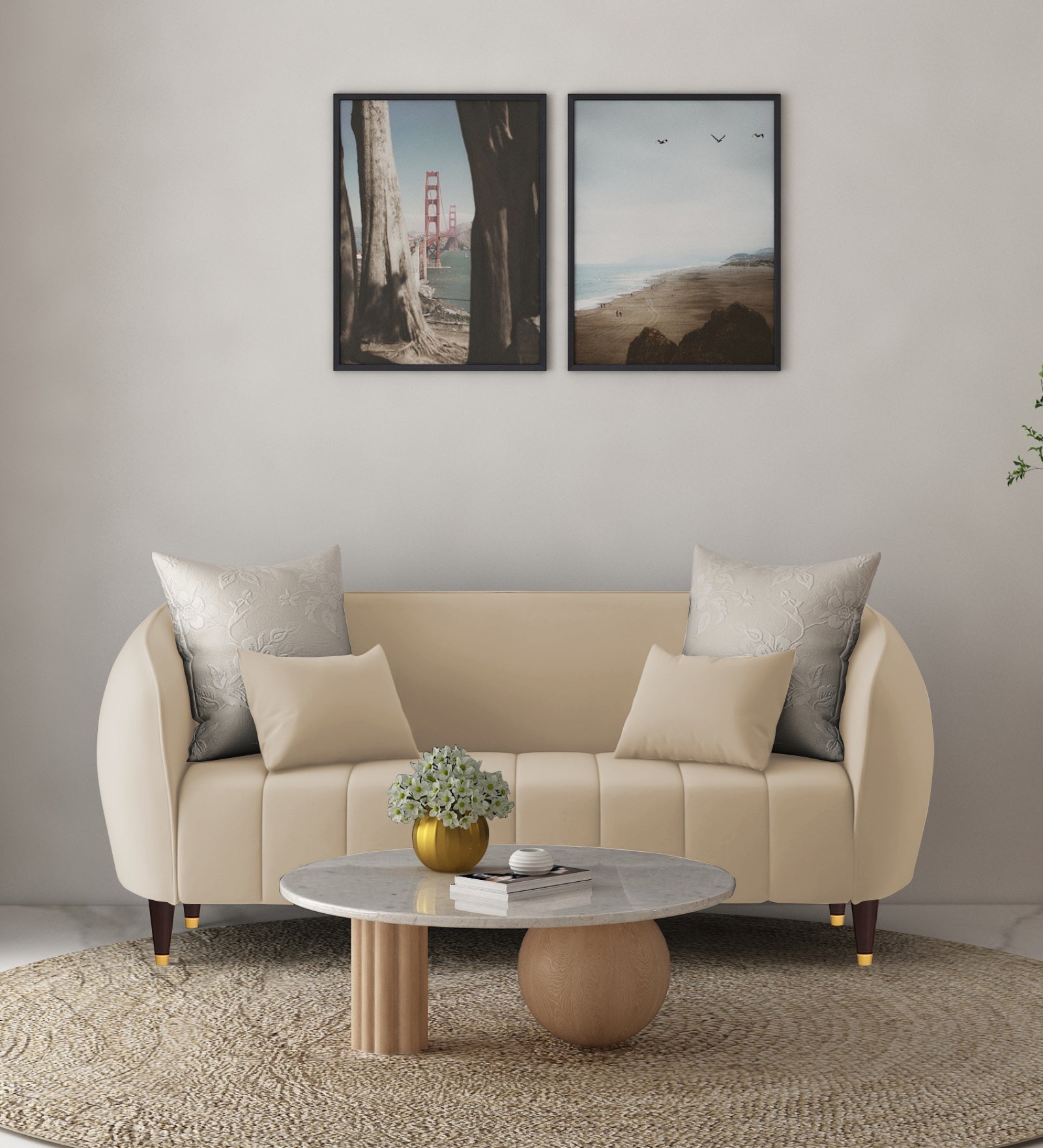 Hairo Velvet 2 Seater Sofa In Cream Beige Colour - Febonic Living