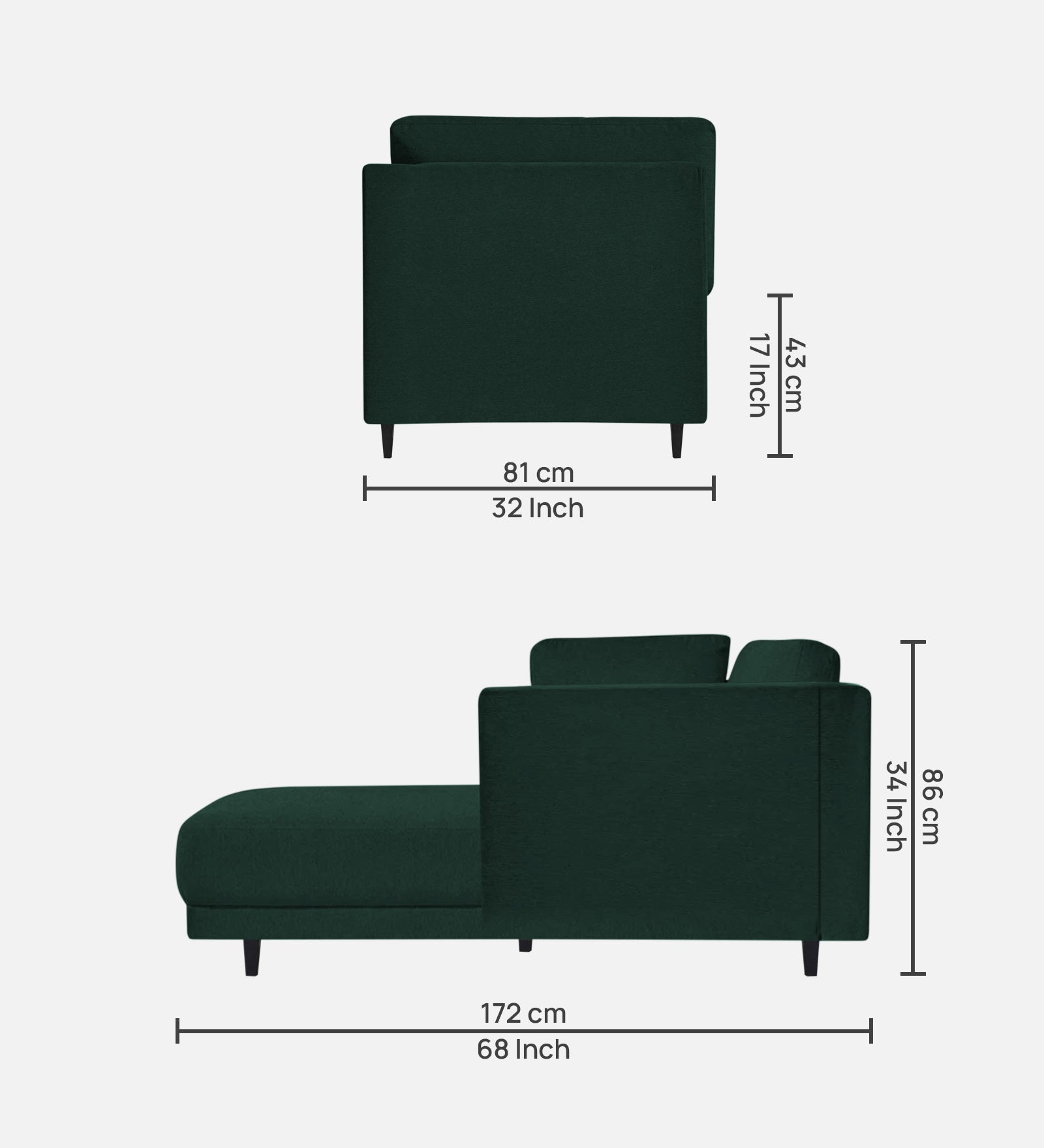 Jonze Velvet LHS Chaise Lounger In Forest Green Colour - Febonic Living