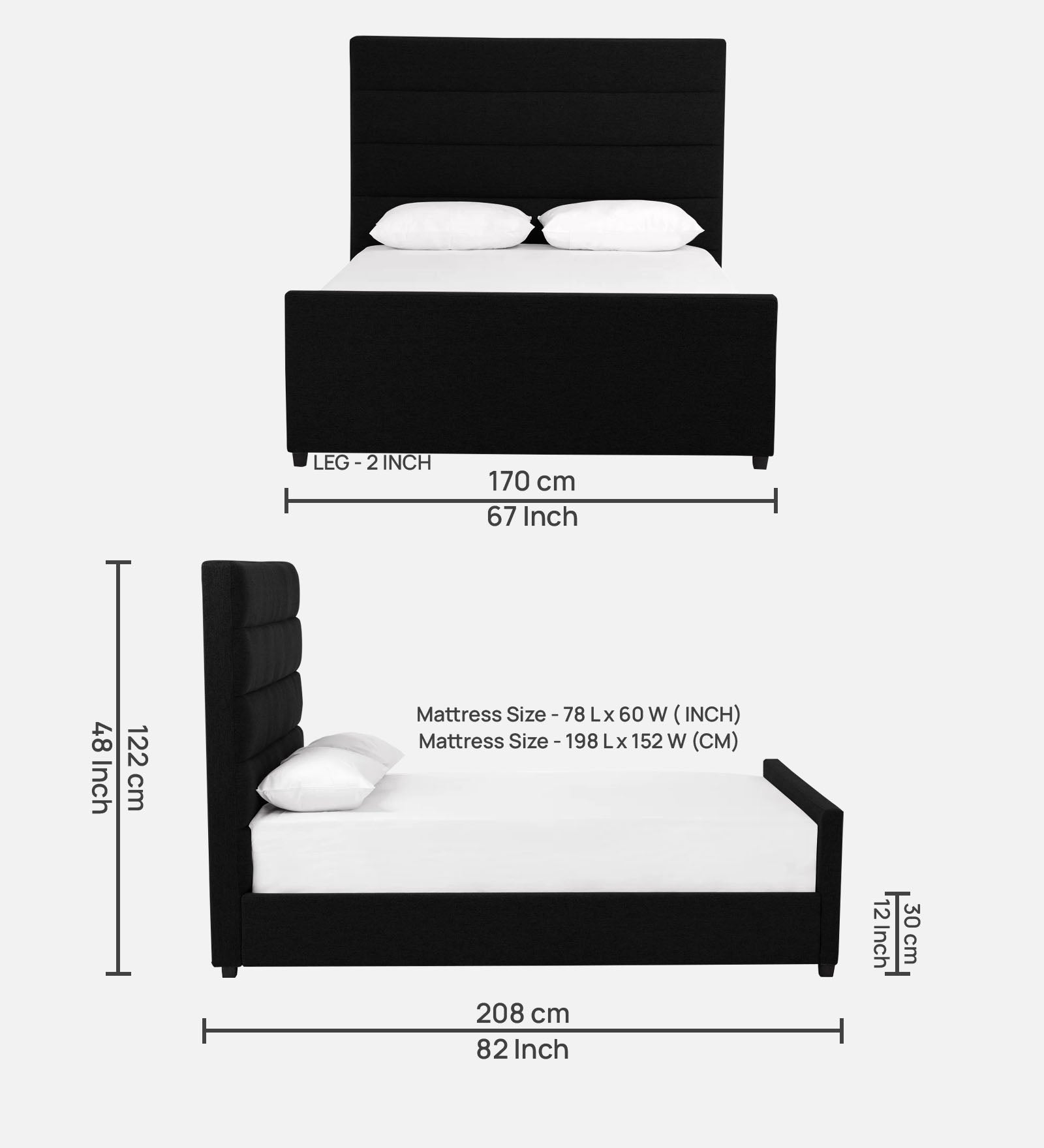 Pollen Fabric Queen Size Bed In Zed Black Colour - Febonic Living