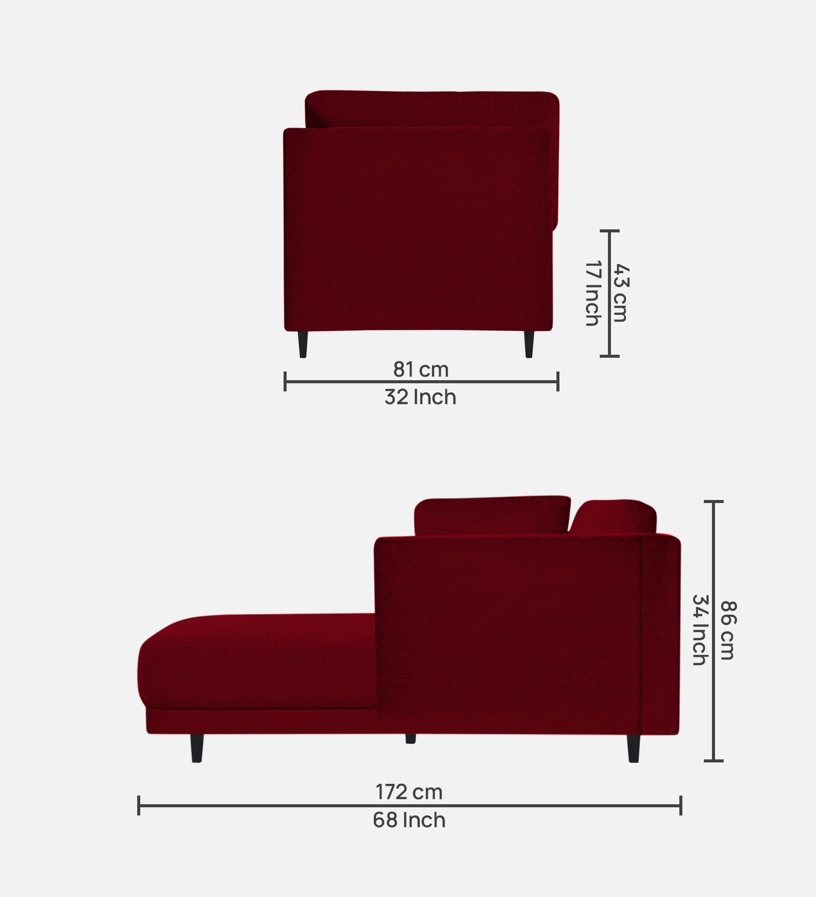Jonze Velvet LHS Chaise Lounger In Cherry Red Colour - Febonic Living
