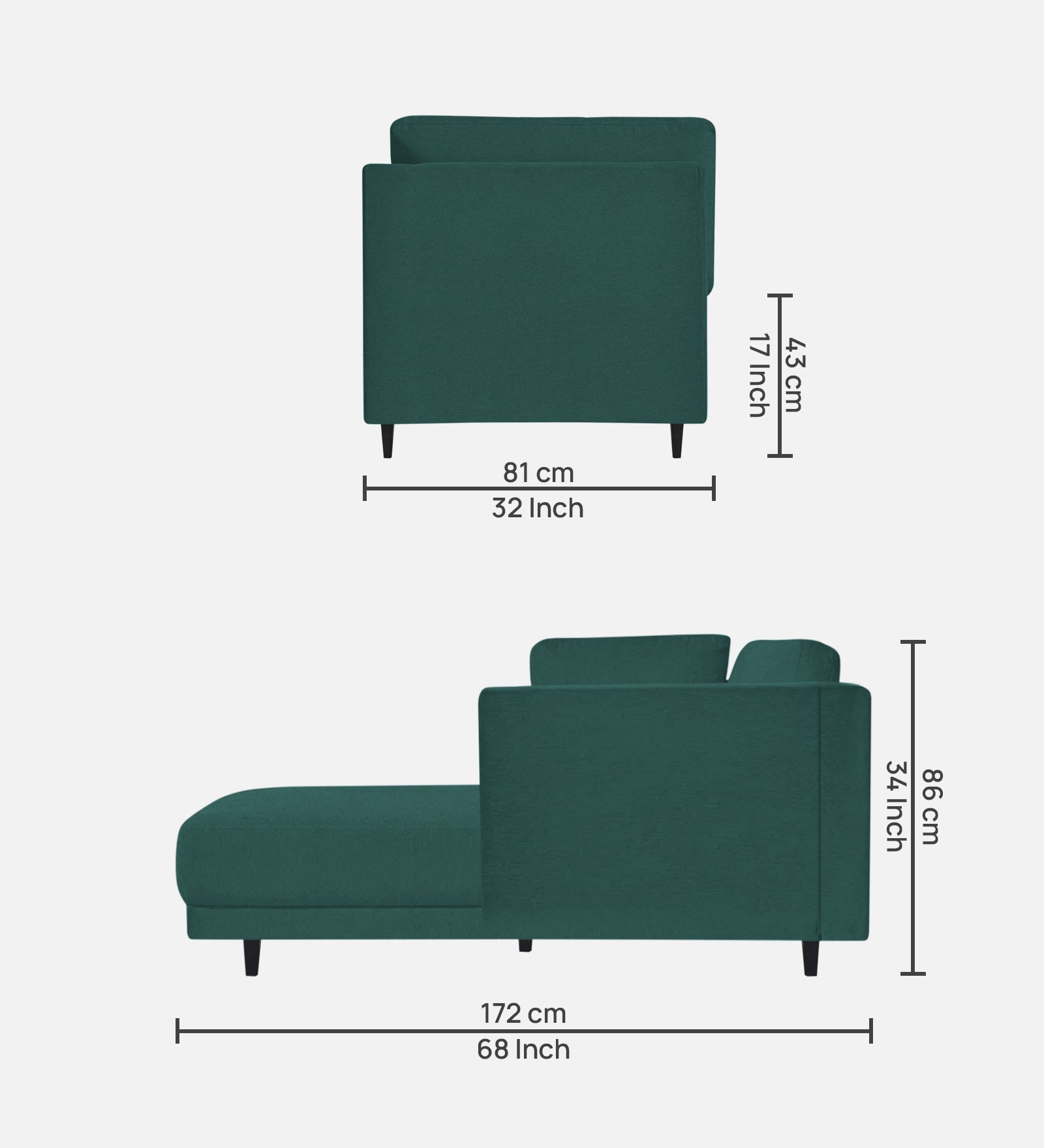Jonze Velvet LHS Chaise Lounger In Pine Green Colour - Febonic Living