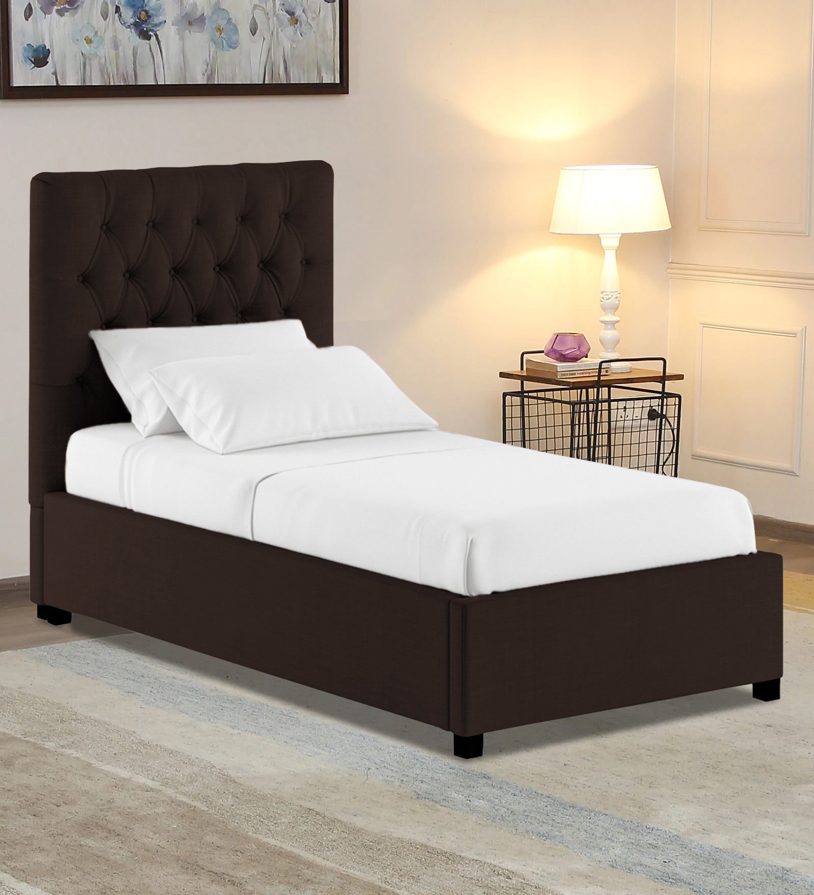 Isko Fabric Upholstered Single Bed in Coffee Brown Colour with Box Storage - Febonic Living