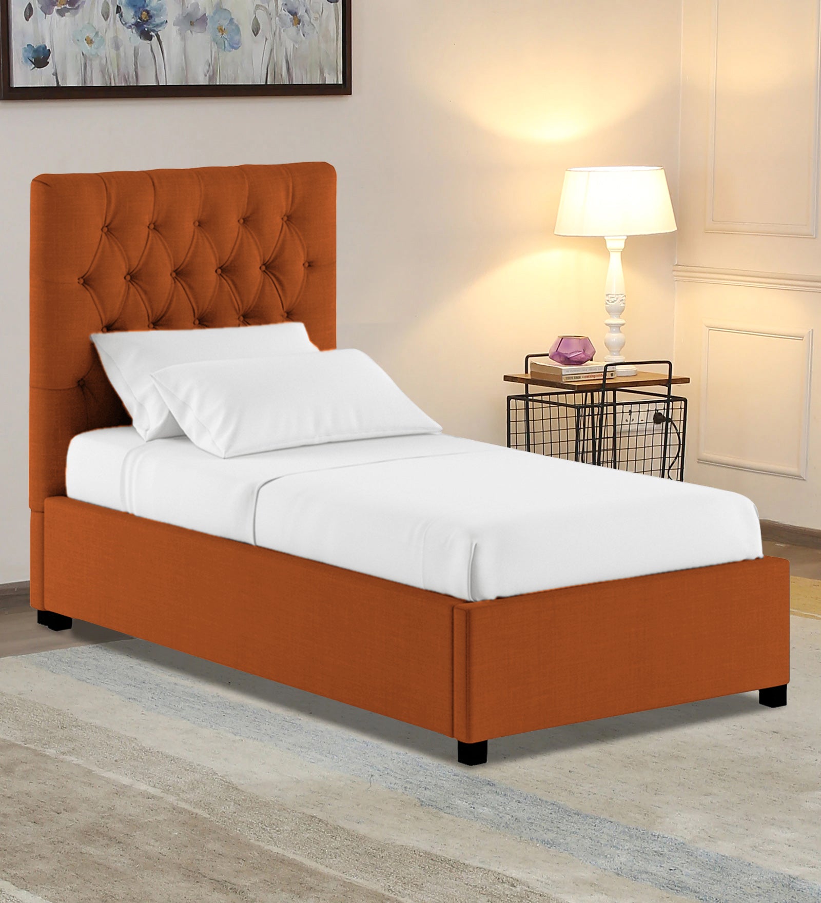 Isko Fabric Upholstered Single Bed in Vivid Orange Colour with Box Storage - Febonic Living