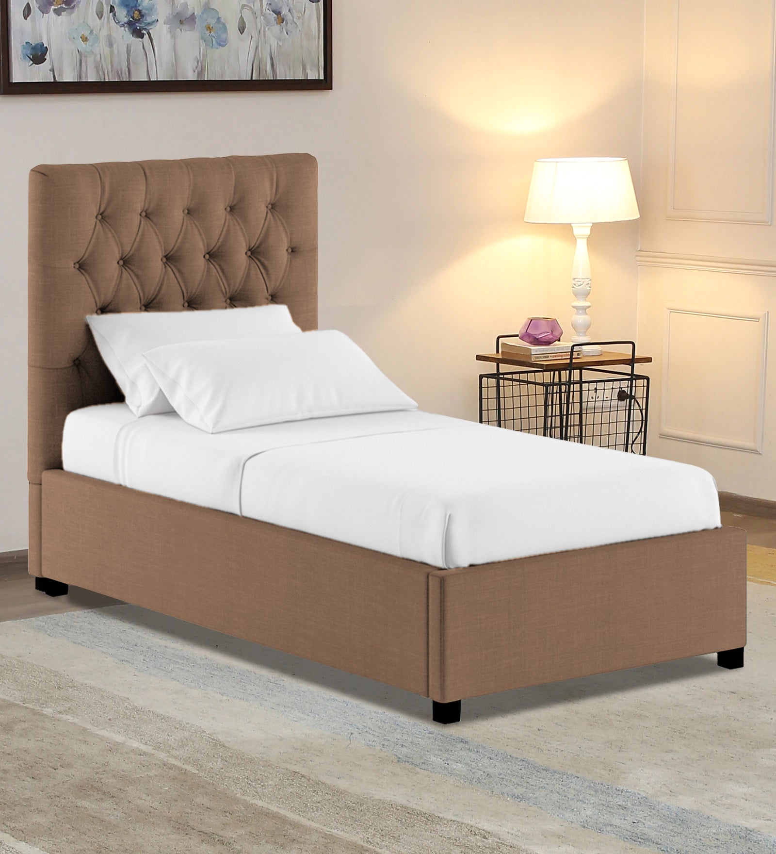 Isko Fabric Upholstered Single Bed in Cosmic Beige Colour with Box Storage - Febonic Living