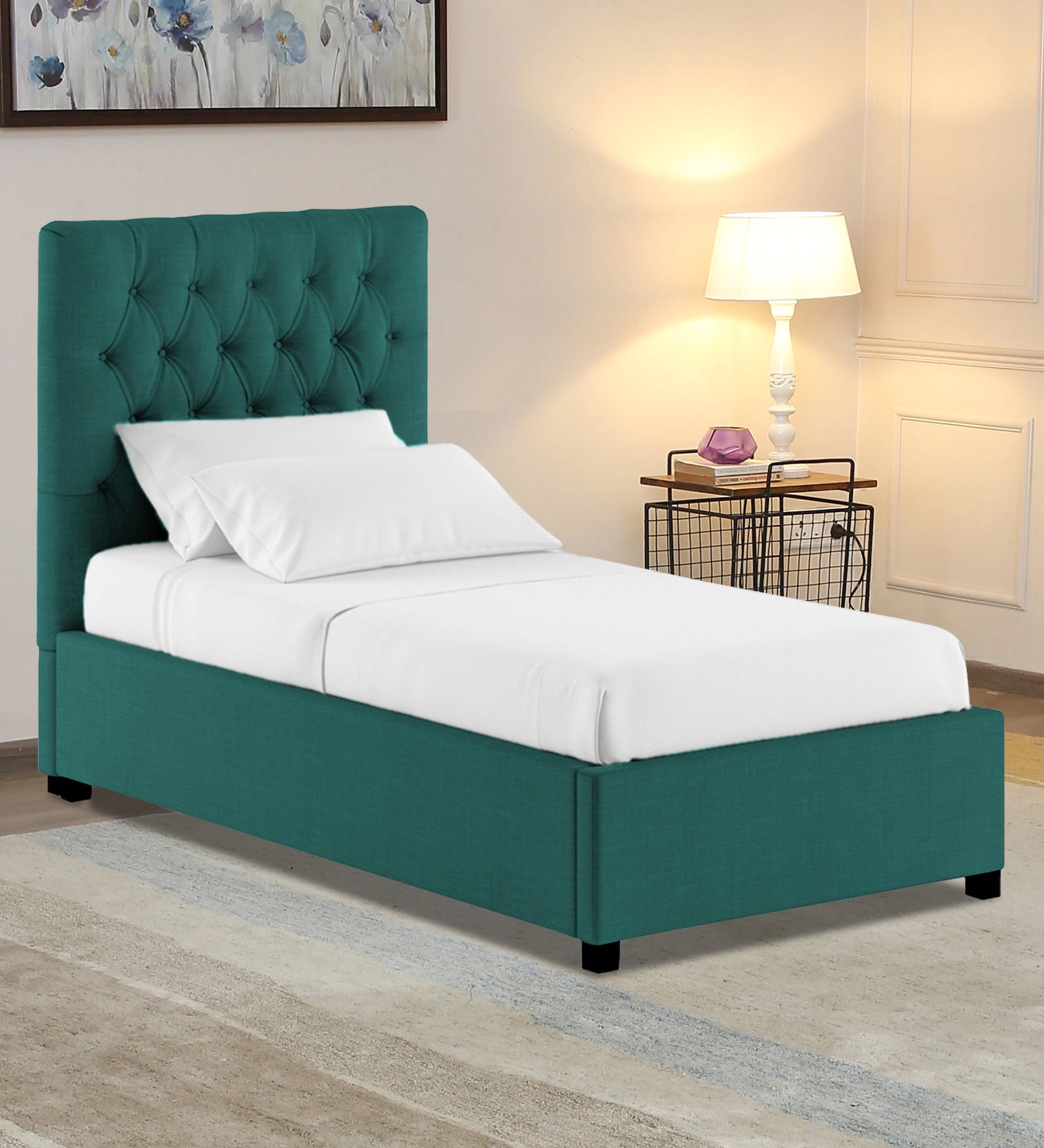 Isko Fabric Upholstered Single Bed in Sea Green Colour with Box Storage - Febonic Living