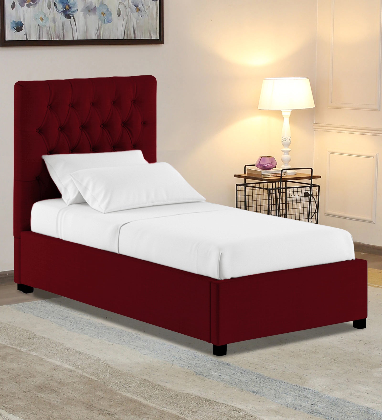 Isko Fabric Upholstered Single Bed in Ruby Red Colour with Box Storage - Febonic Living
