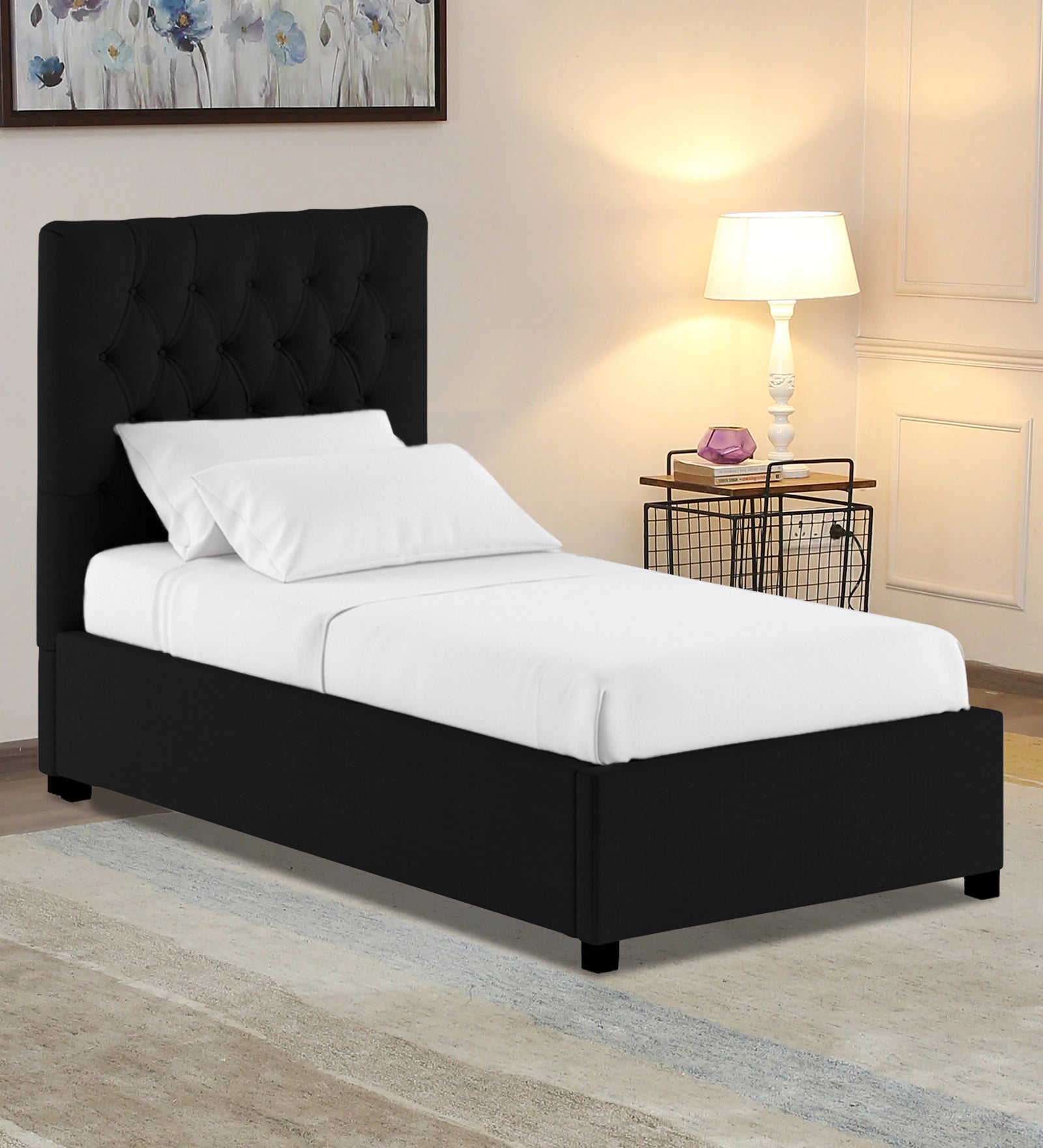 Isko Fabric Upholstered Single Bed in Zed Black Colour with Box Storage - Febonic Living