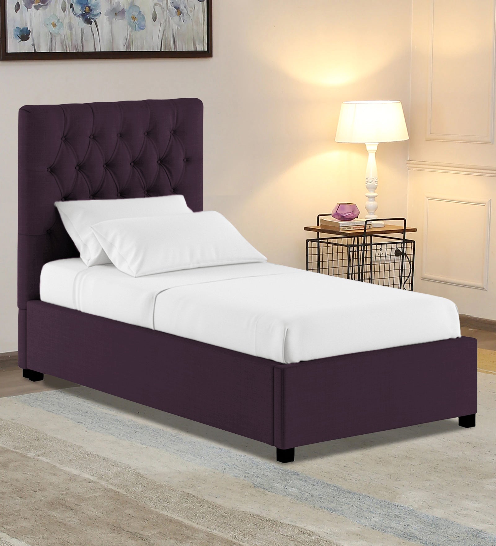 Isko Fabric Upholstered Single Bed in Greek Purple Colour with Box Storage - Febonic Living