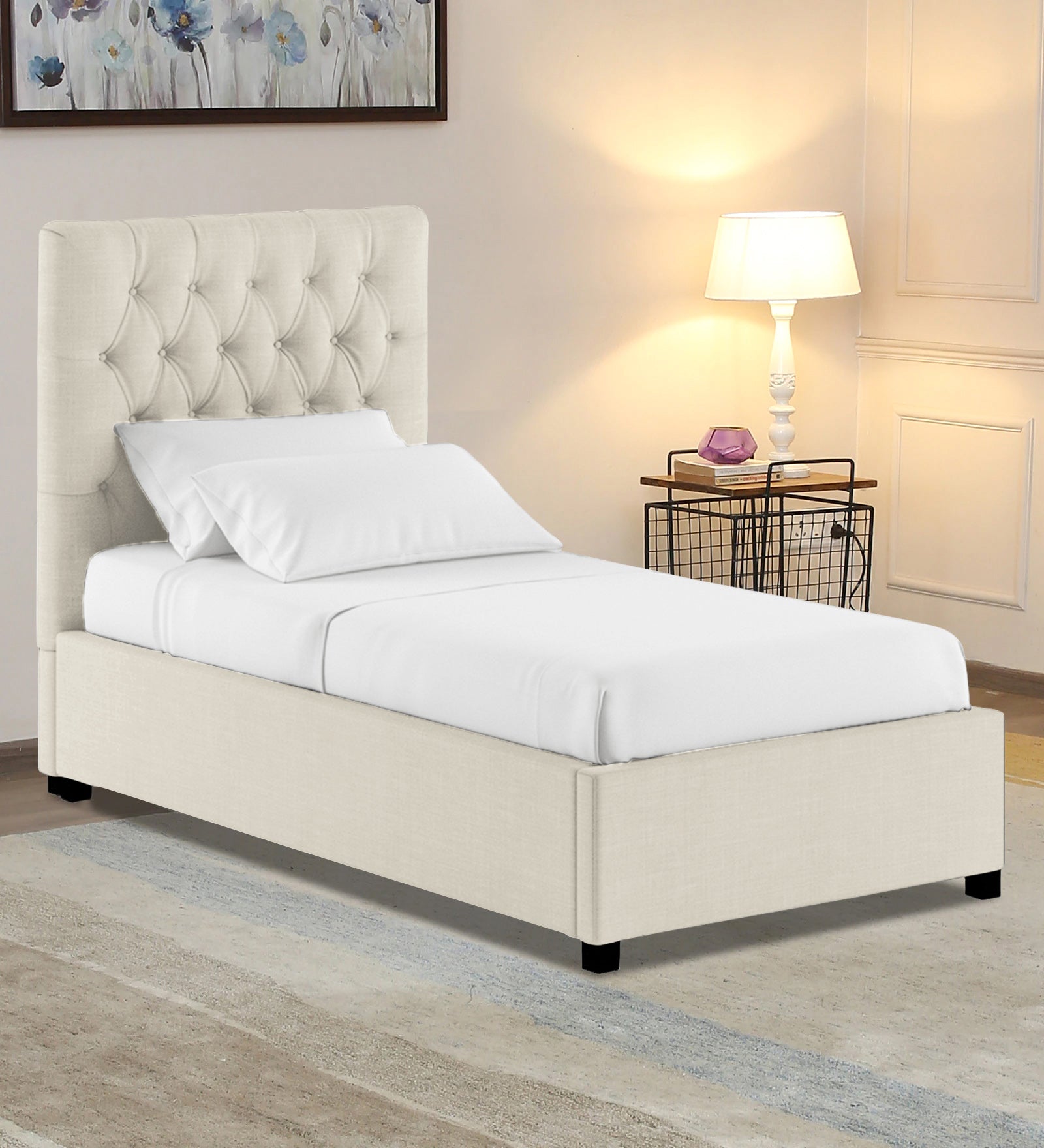 Isko Fabric Upholstered Single Bed in Ivory Cream Colour with Box Storage - Febonic Living