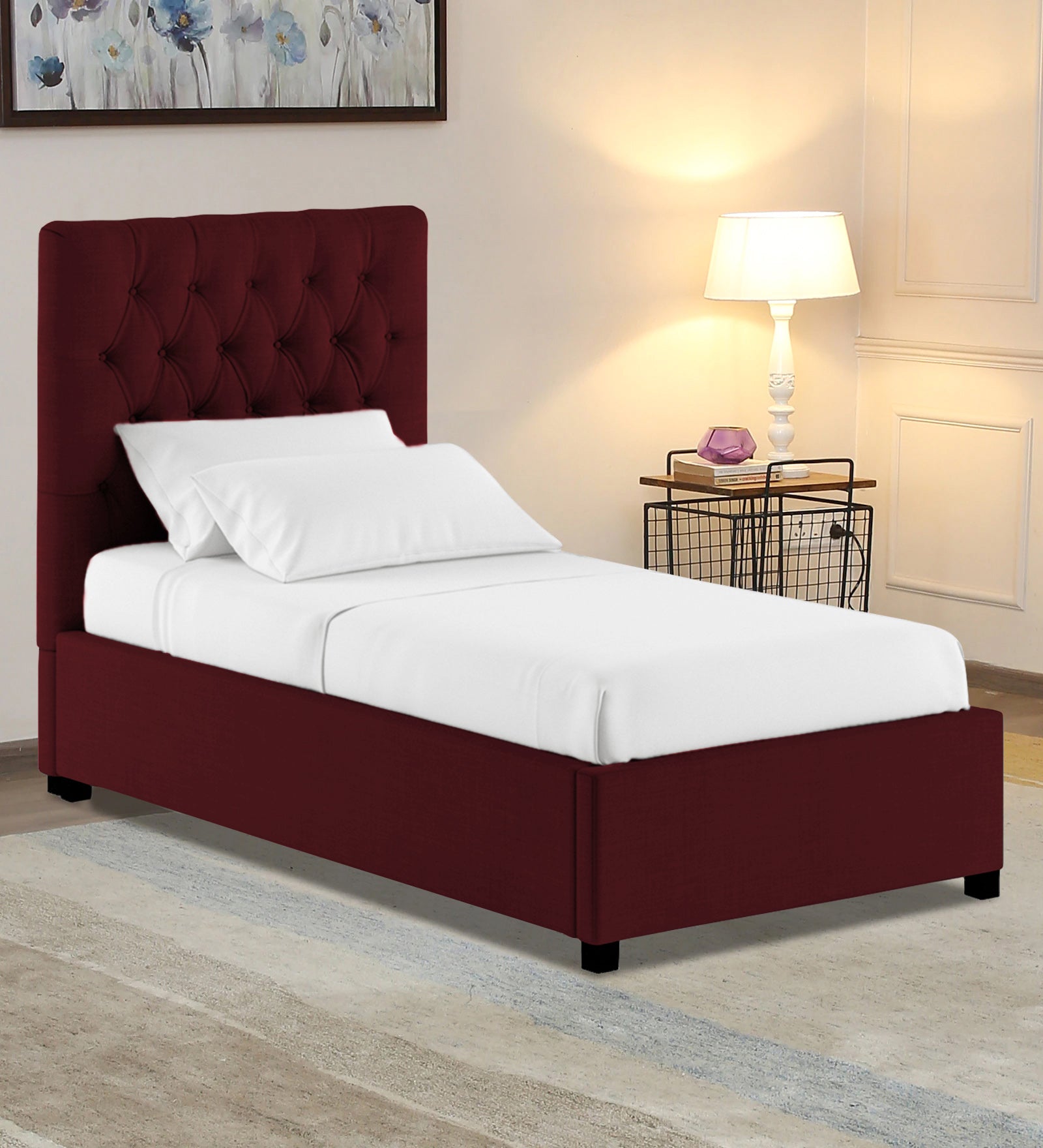 Isko Fabric Upholstered Single Bed in Blood Maroon Colour with Box Storage - Febonic Living