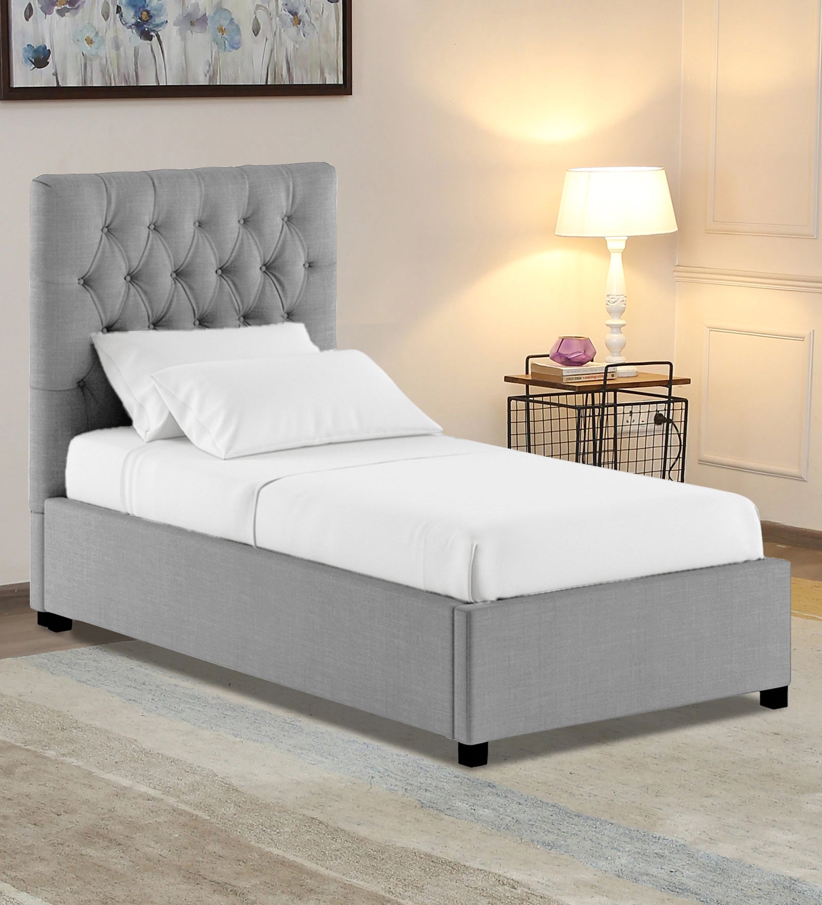 Isko Fabric Upholstered Single Bed in Lit Grey Colour with Box Storage - Febonic Living