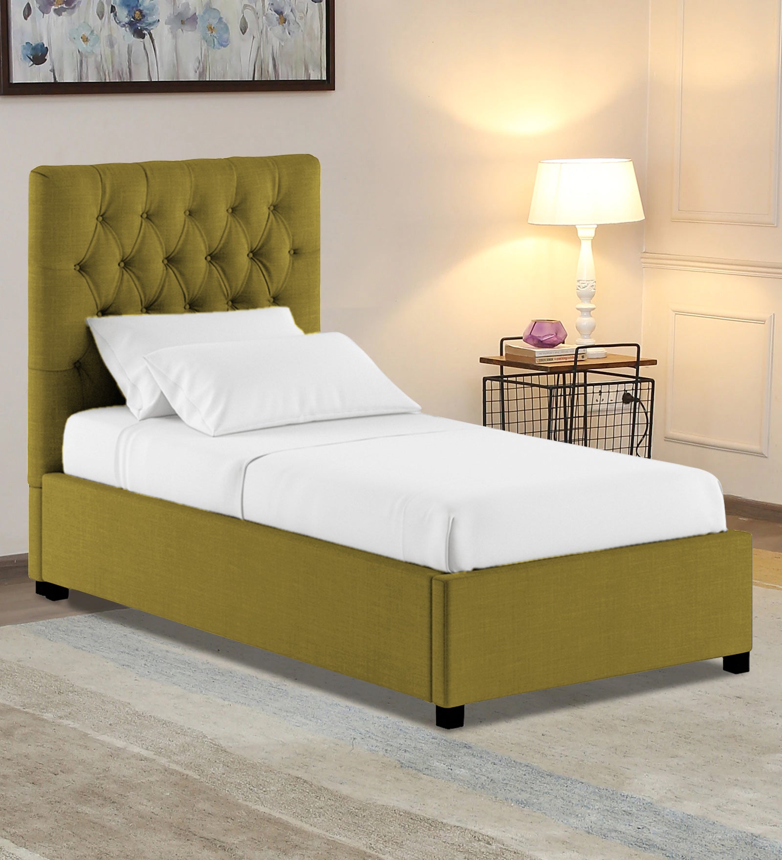 Isko Fabric Upholstered Single Bed in Parrot Green Colour with Box Storage - Febonic Living