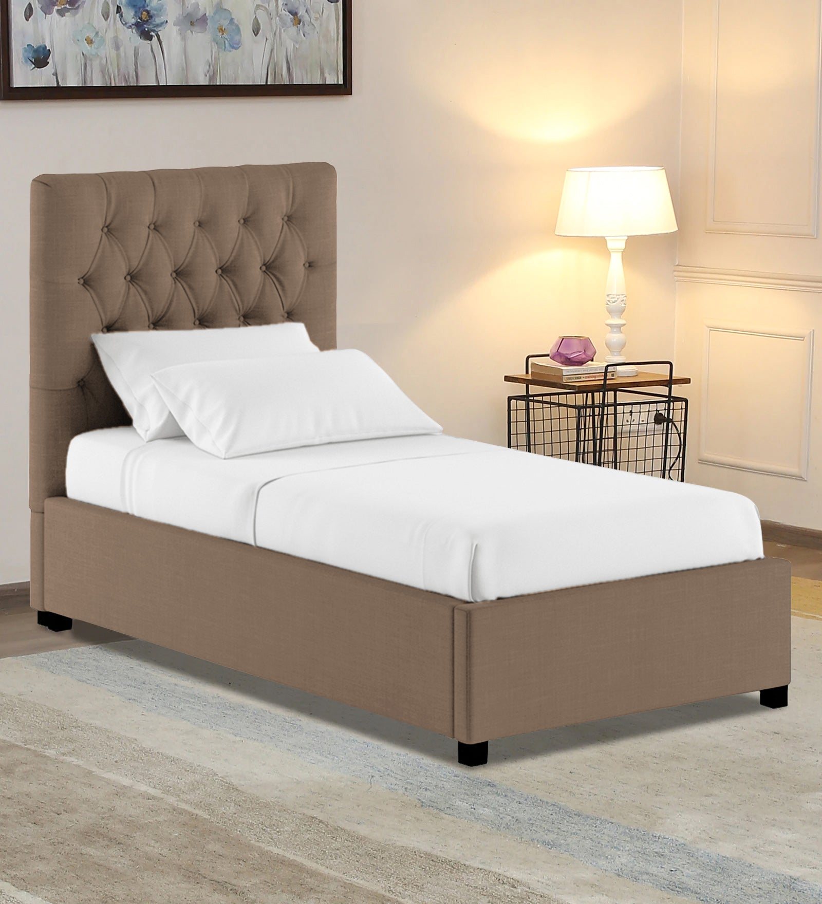Isko Fabric Upholstered Single Bed in Cookie Beige Colour with Box Storage - Febonic Living