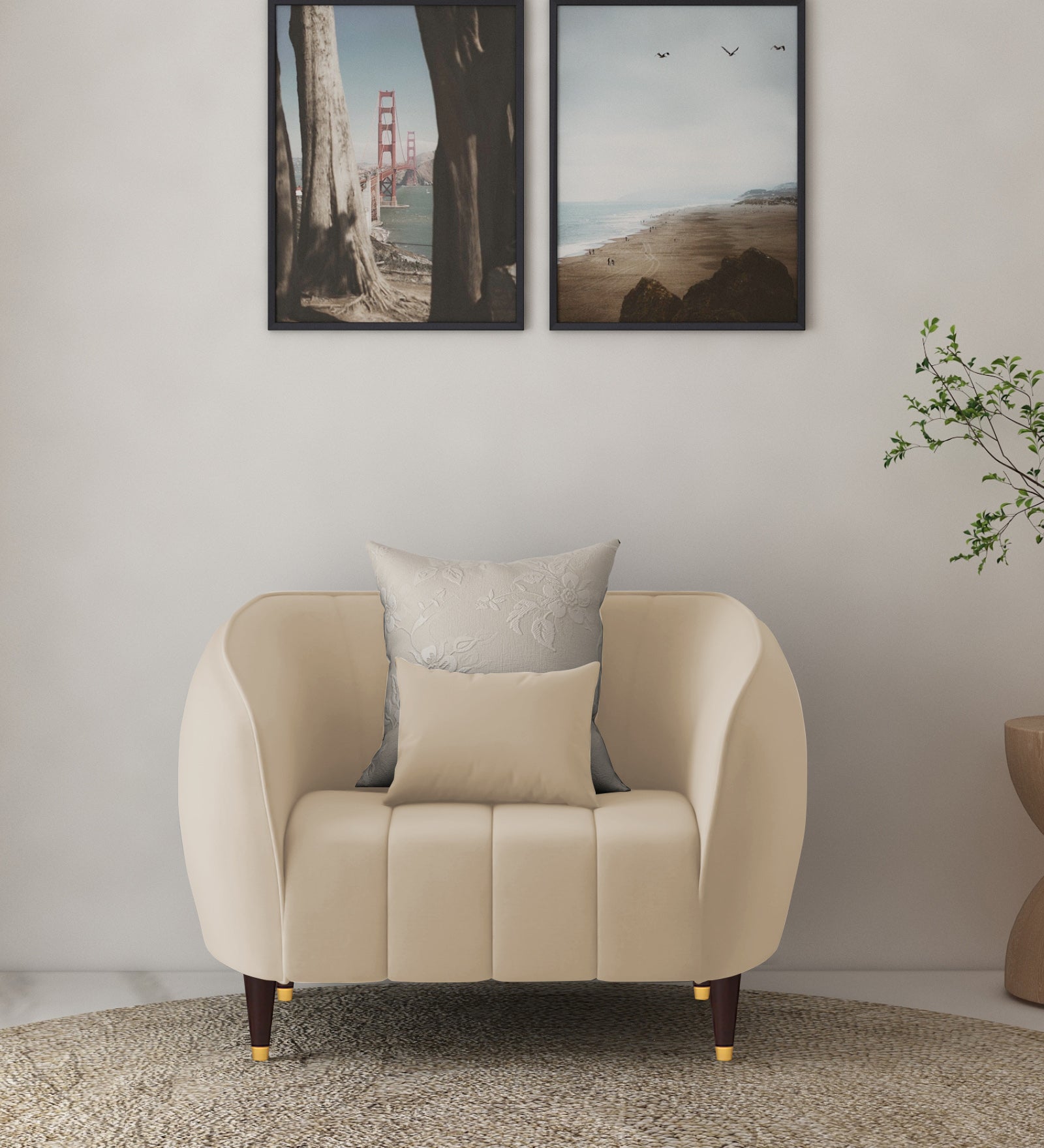 Hairo Velvet 1 Seater Sofa In Cream Beige Colour - Febonic Living