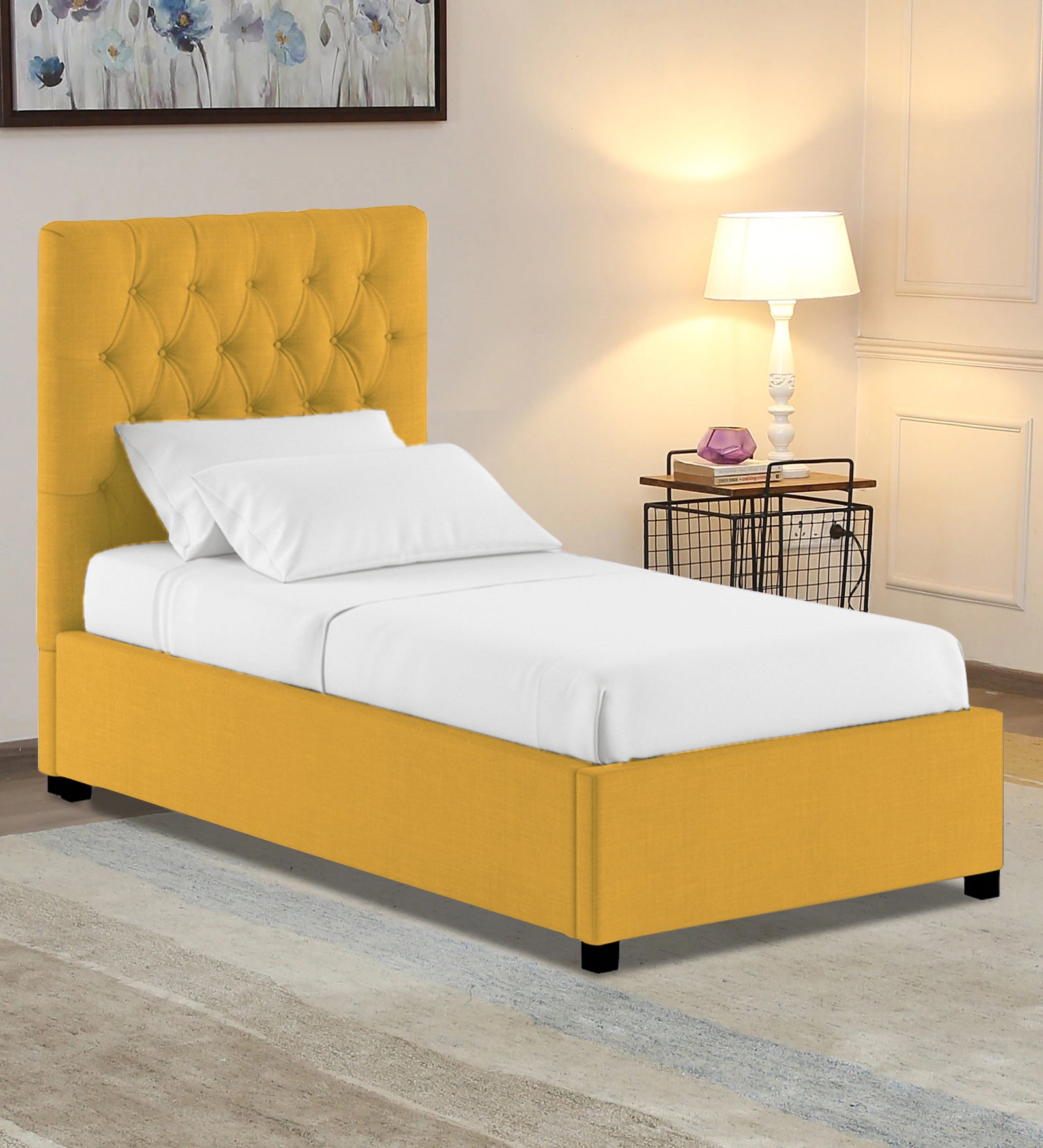 Isko Fabric Upholstered Single Bed in Bold Yellow Colour with Box Storage - Febonic Living
