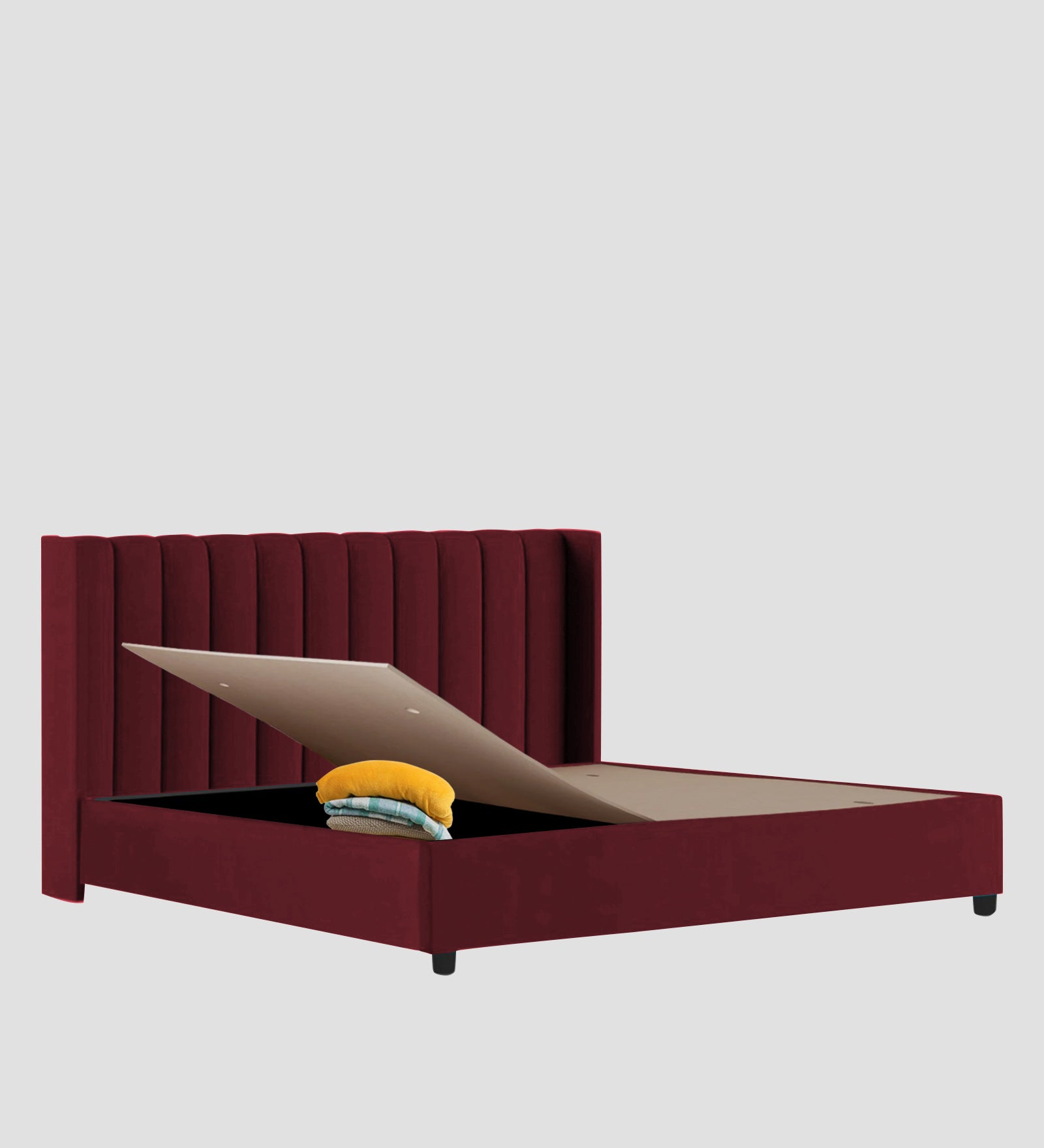 Colina Fabric Upholstered King Size Bed In Blood Maroon Colour With Box Storage - Febonic Living