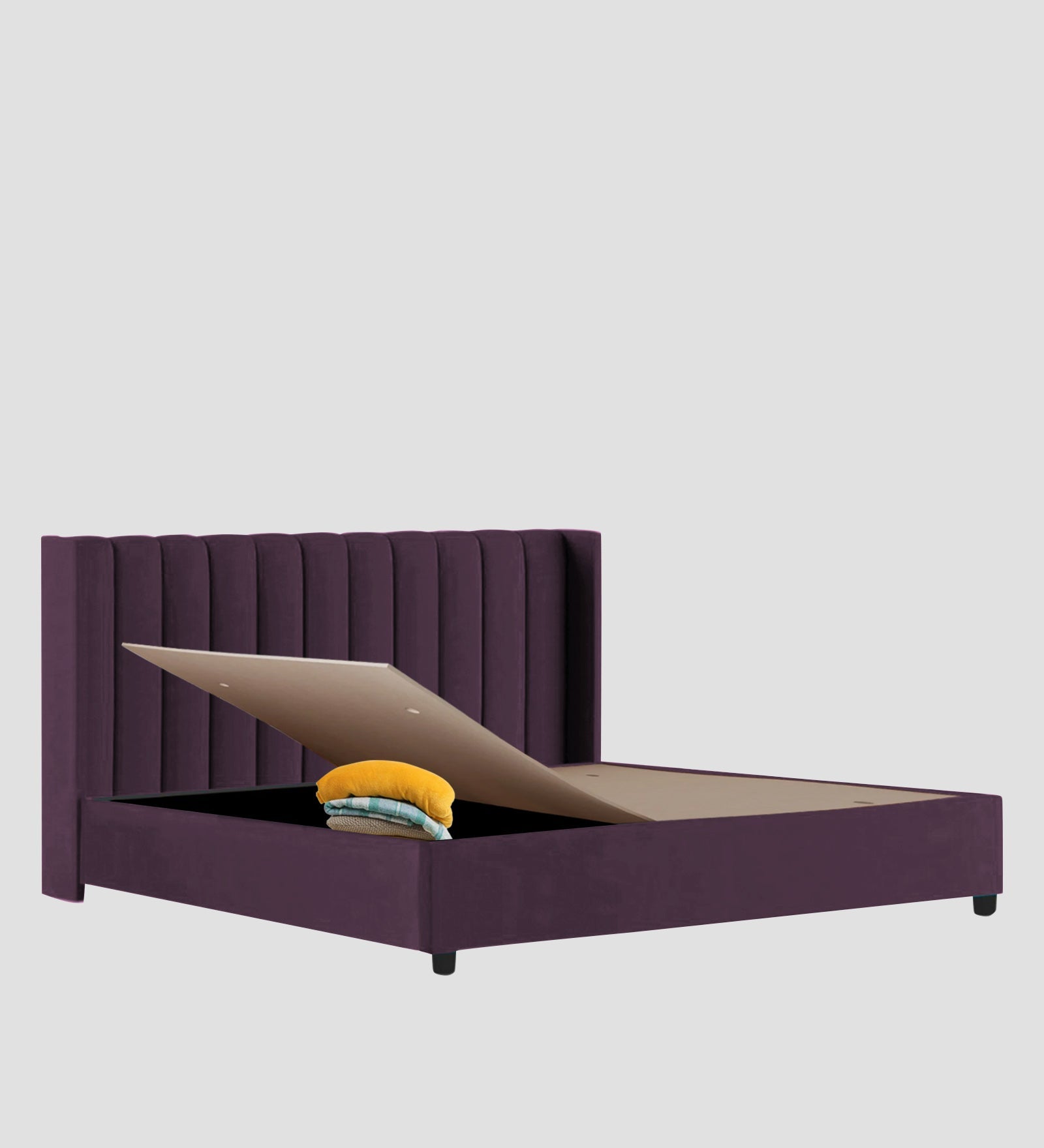 Colina Fabric Queen Size Bed In Greek Purple Colour With Box Storage - Febonic Living