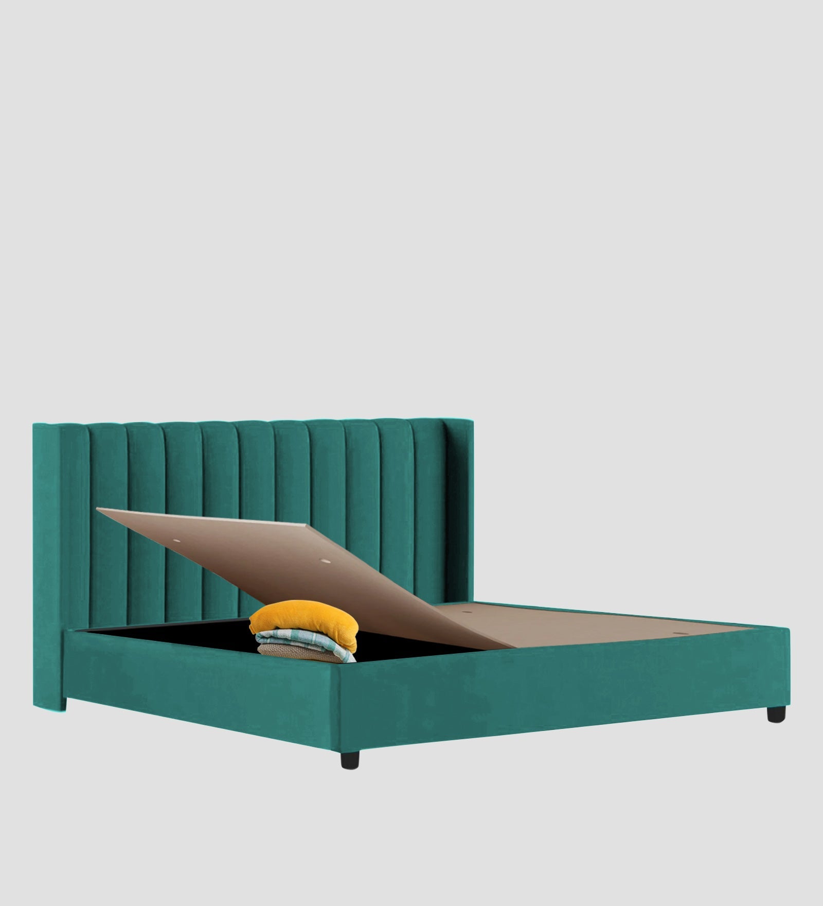 Colina Fabric Queen Size Bed In Sea Green Colour With Box Storage - Febonic Living