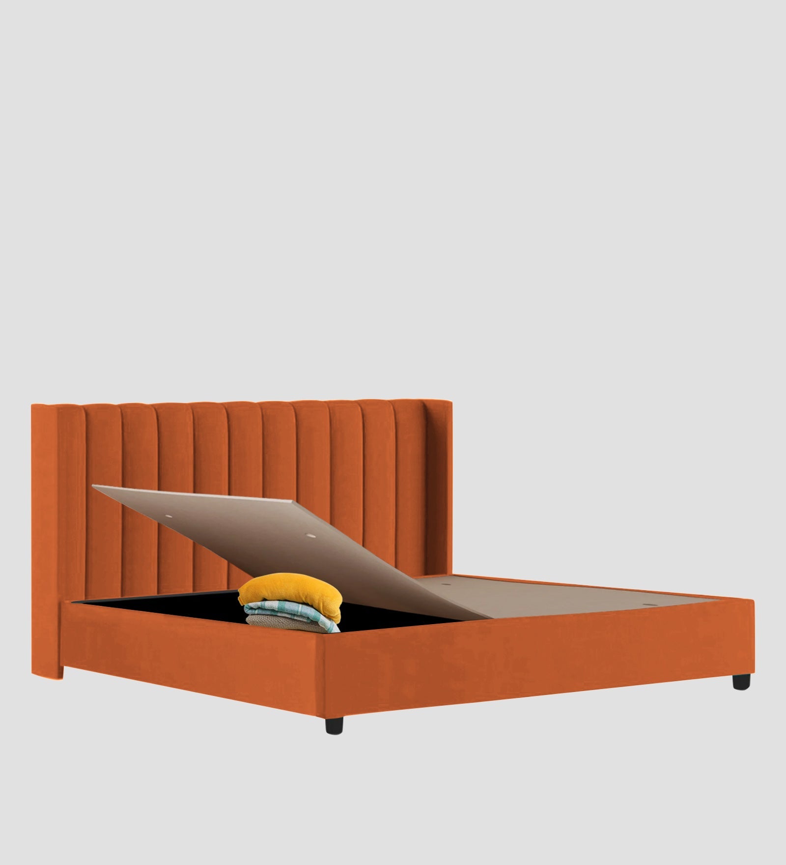 Colina Fabric Queen Size Bed In Vivid Orange Colour With Box Storage - Febonic Living