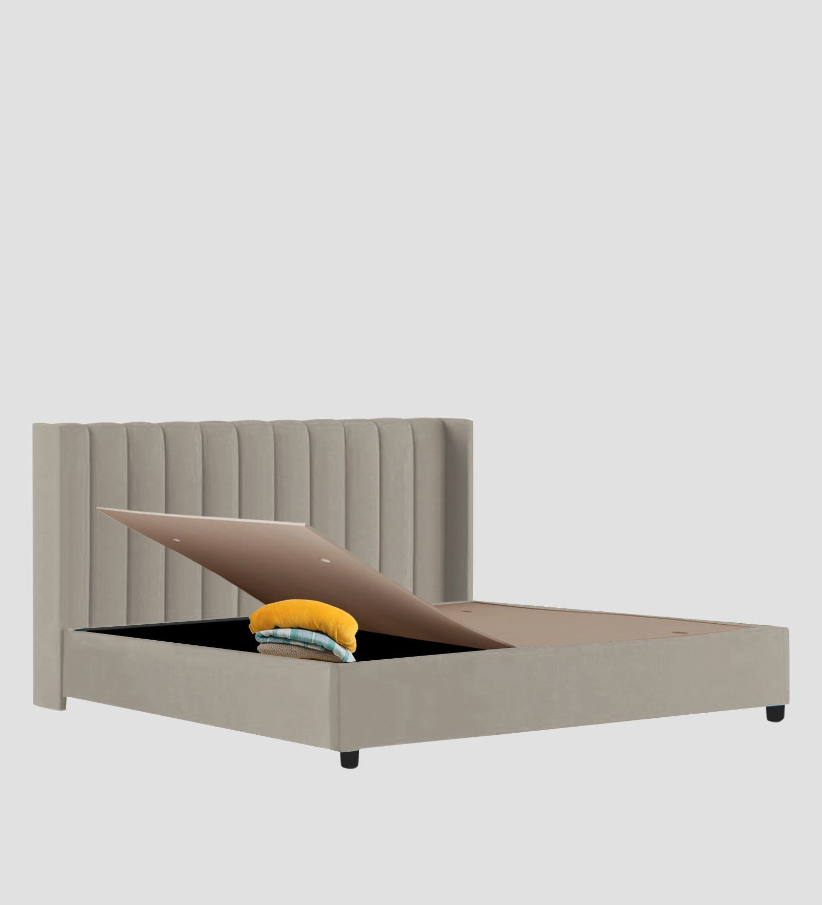 Colina Fabric Queen Size Bed In Ash Grey Colour With Box Storage - Febonic Living