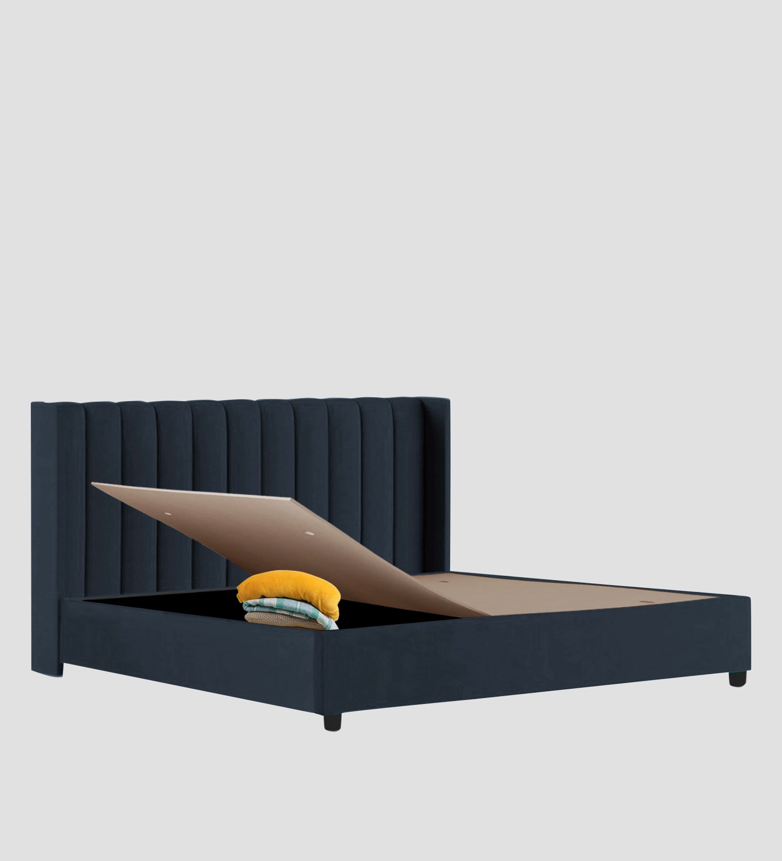 Colina Fabric Queen Size Bed In Denim Blue Colour With Box Storage - Febonic Living