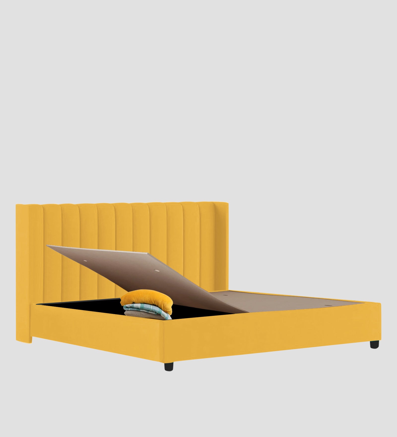 Colina Fabric Queen Size Bed In Bold Yellow Colour With Box Storage - Febonic Living