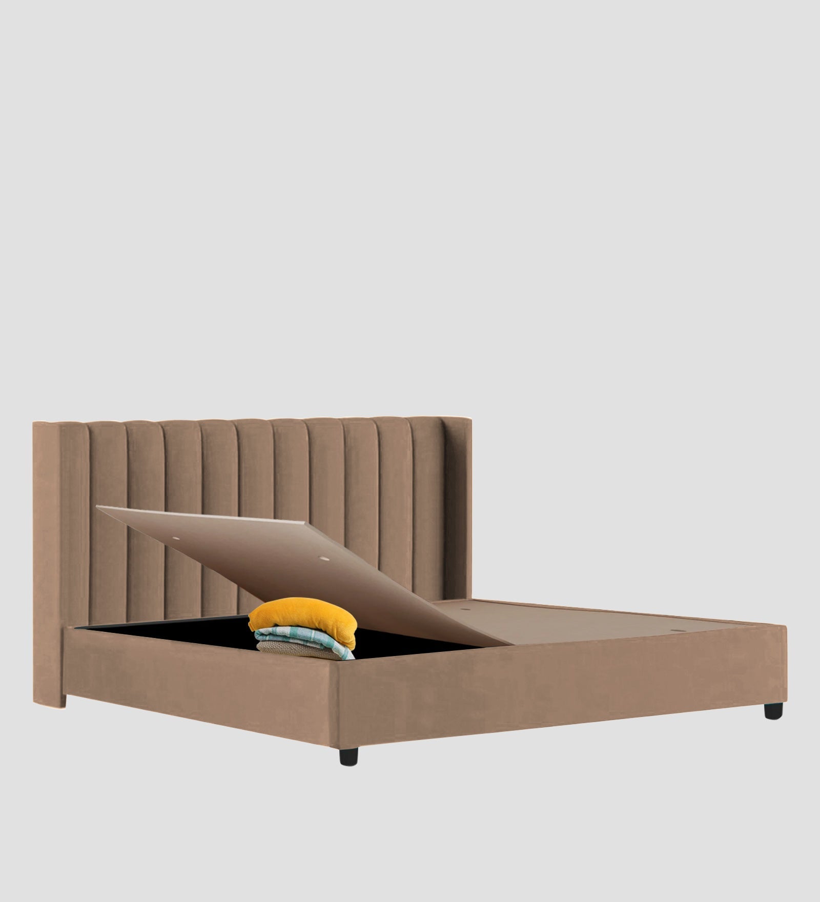 Colina Fabric Queen Size Bed In Cookie Beige Colour With Box Storage - Febonic Living