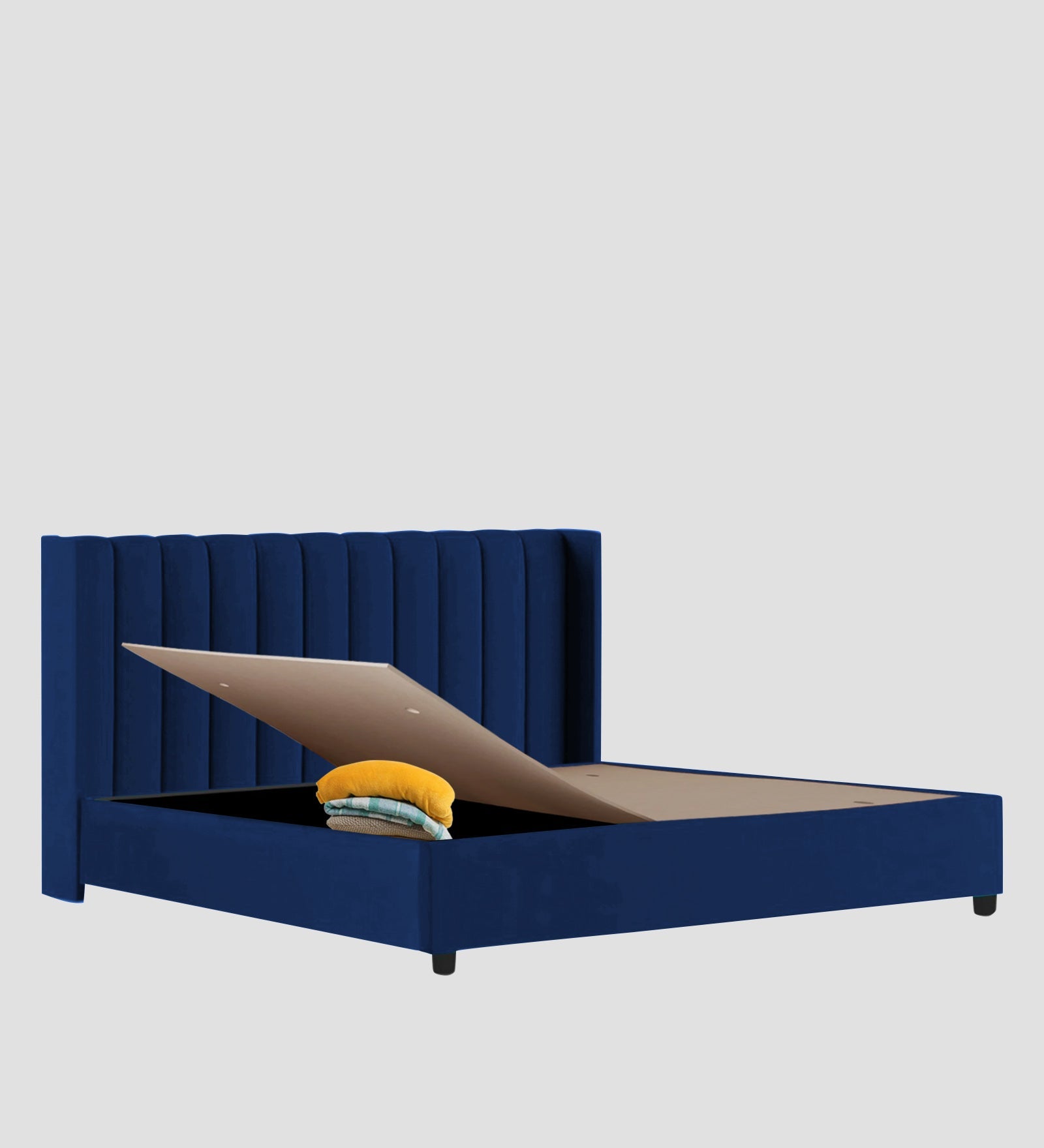Colina Fabric Queen Size Bed In Royal Blue Colour With Box Storage - Febonic Living