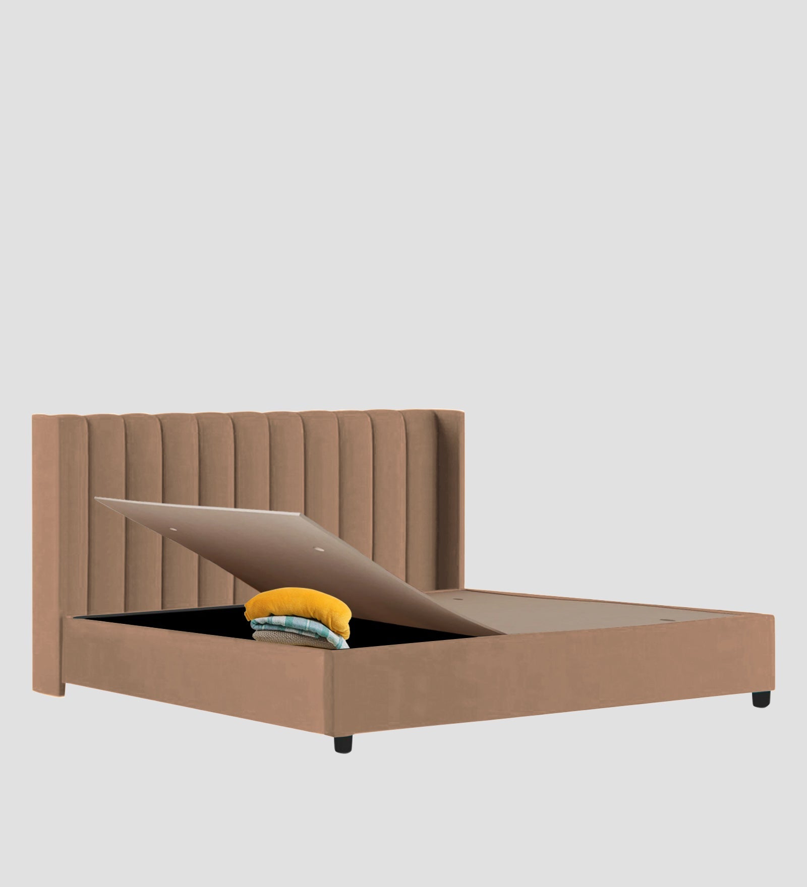 Colina Fabric Queen Size Bed In Cosmic Beige Colour With Box Storage - Febonic Living