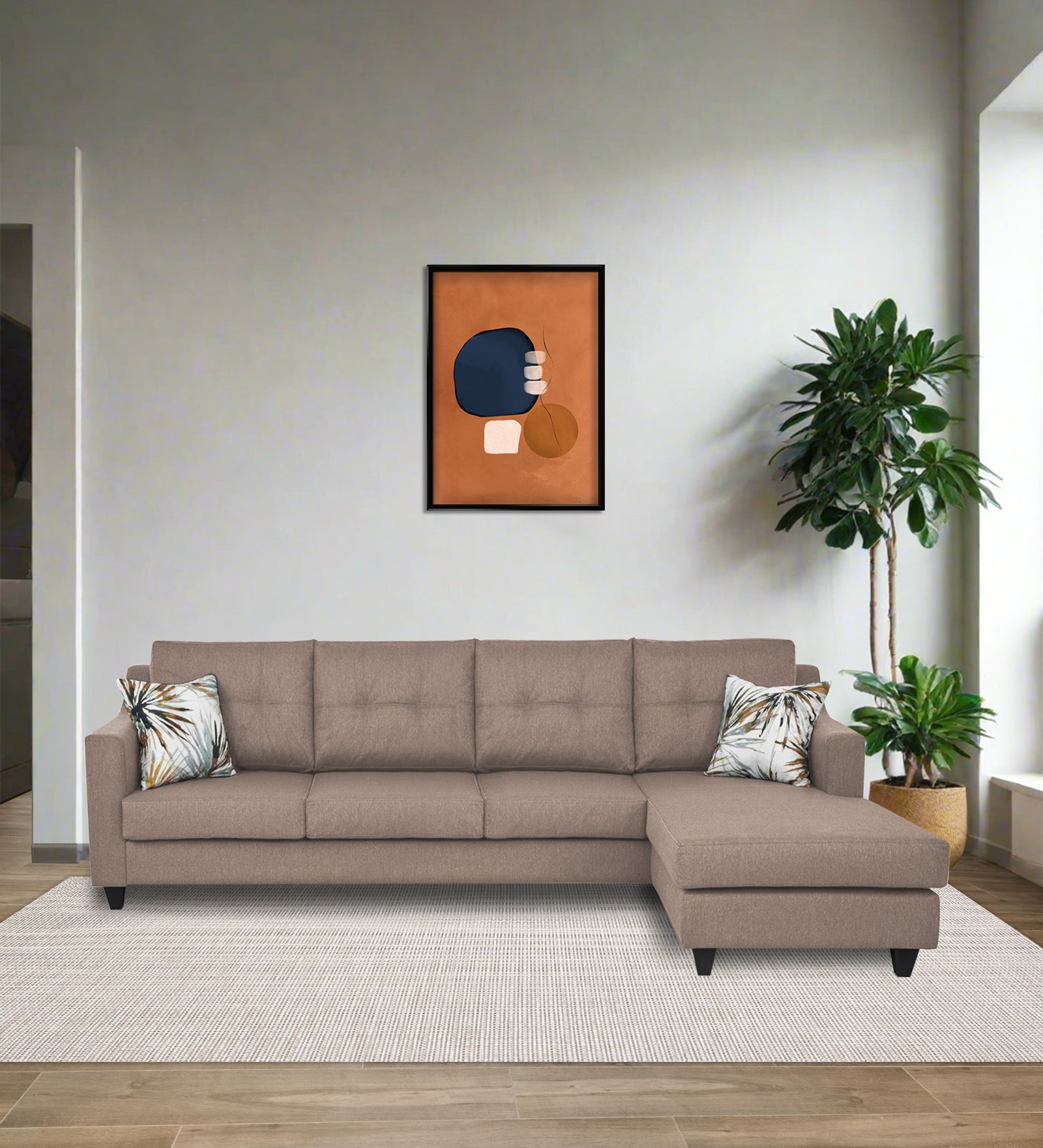 Welly Fabric LHS Sectional Sofa (3+Lounger) In Kadhi Beige Colour - Febonic Living