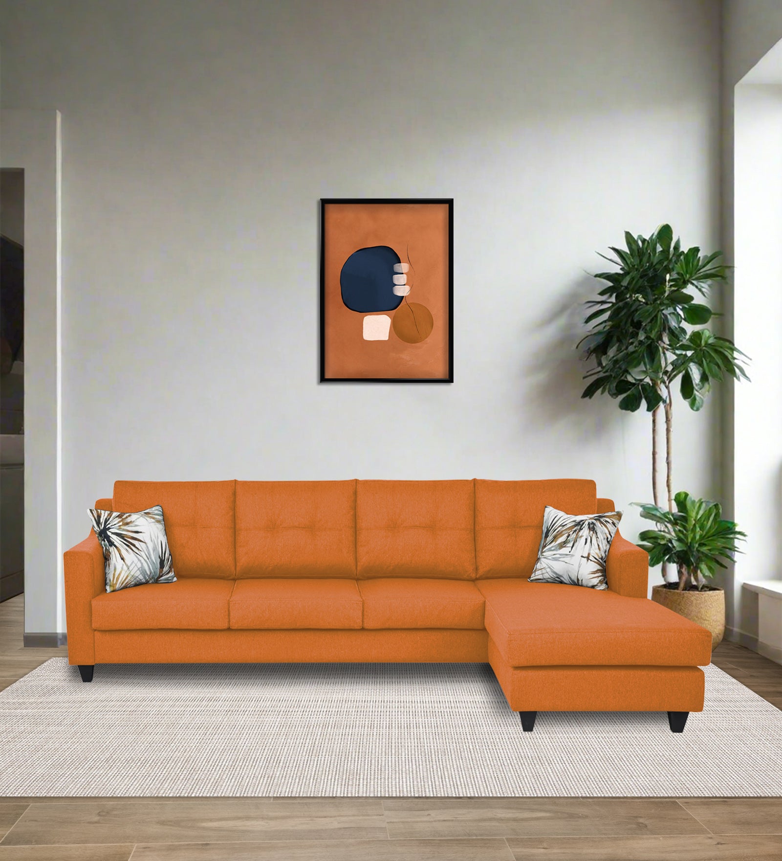 Welly Fabric LHS Sectional Sofa (3+Lounger) In Dark Orange Colour - Febonic Living