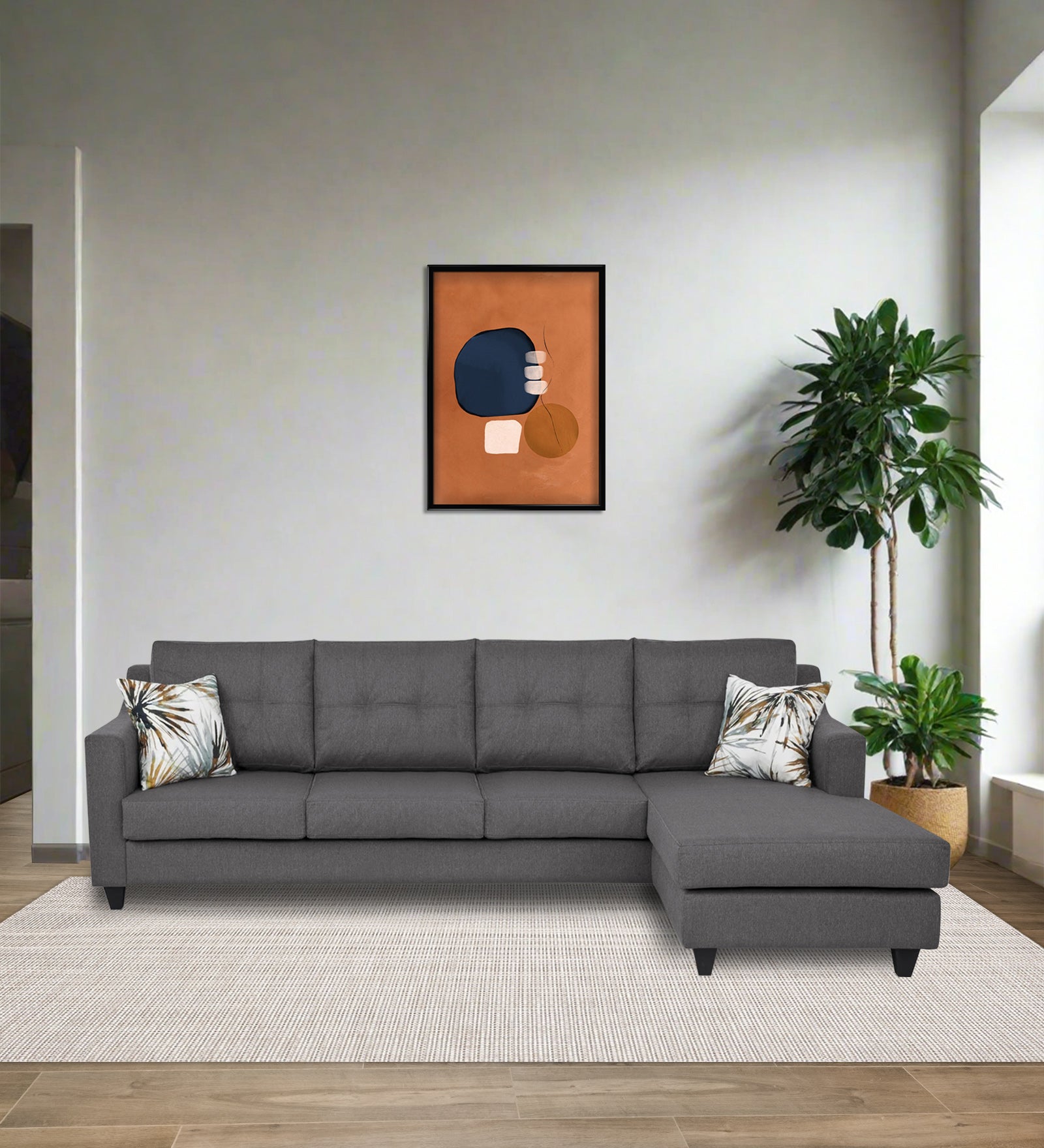 Welly Fabric LHS Sectional Sofa (3+Lounger) In Sudo Grey Colour - Febonic Living