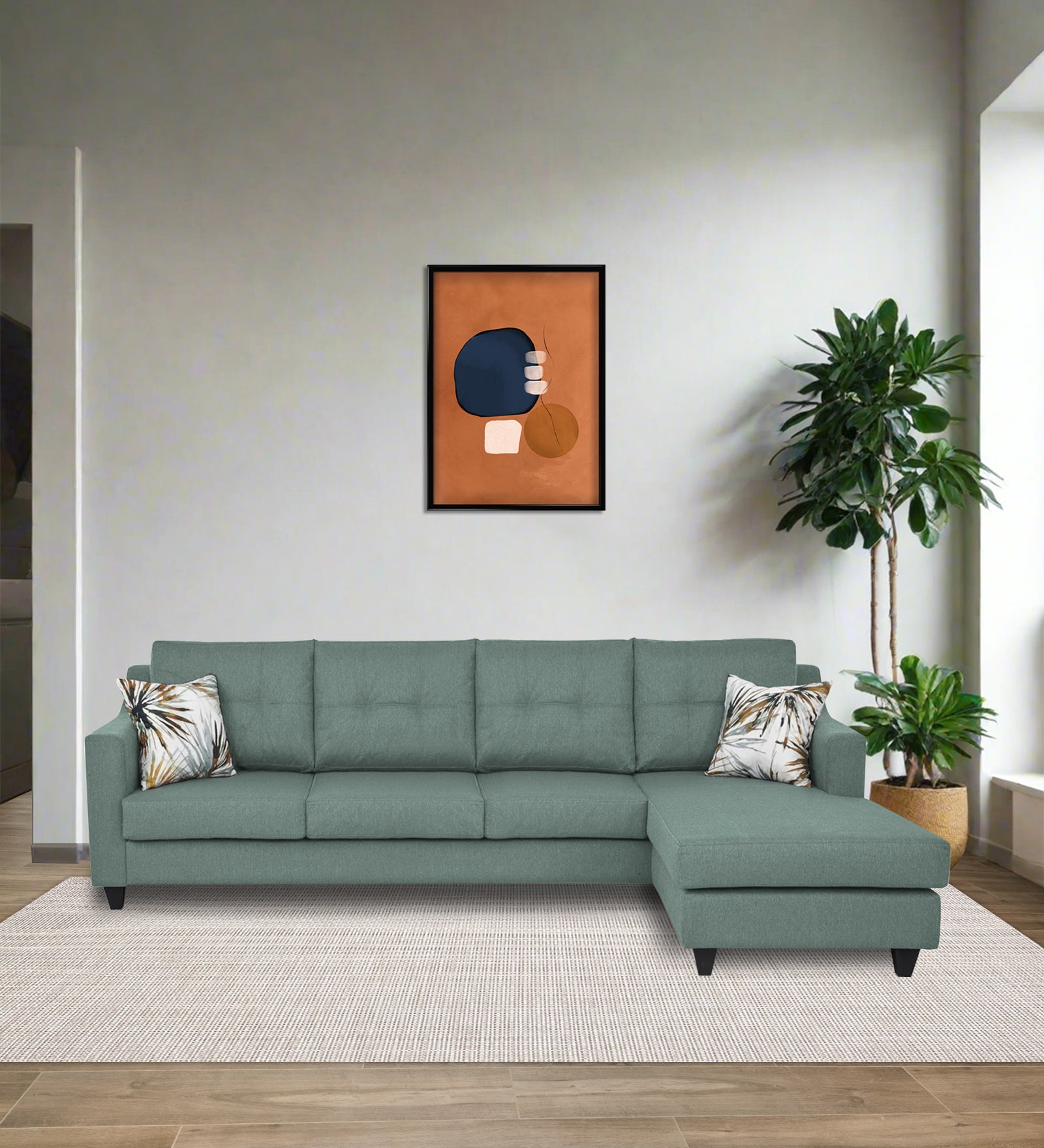 Welly Fabric LHS Sectional Sofa (3+Lounger) In Suka Blue Colour - Febonic Living