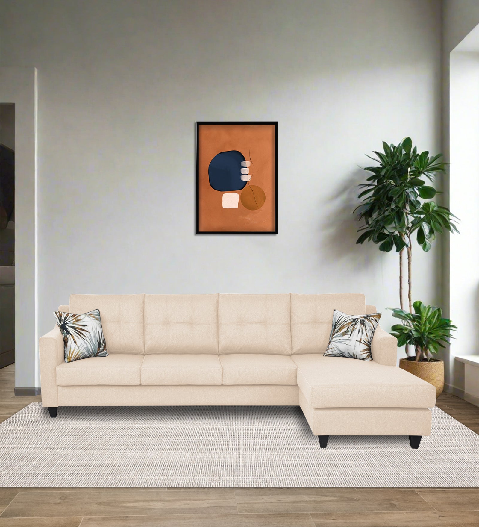 Welly Fabric LHS Sectional Sofa (3+Lounger) In Woom Beige Colour - Febonic Living