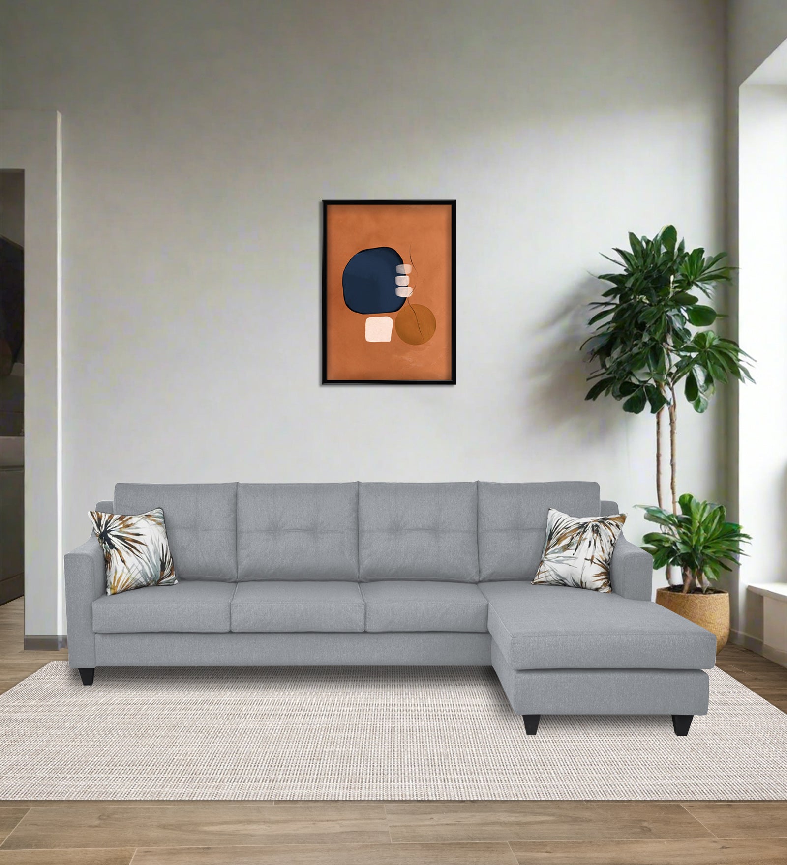 Welly Fabric LHS Sectional Sofa (3+Lounger) In Coin Grey Colour - Febonic Living
