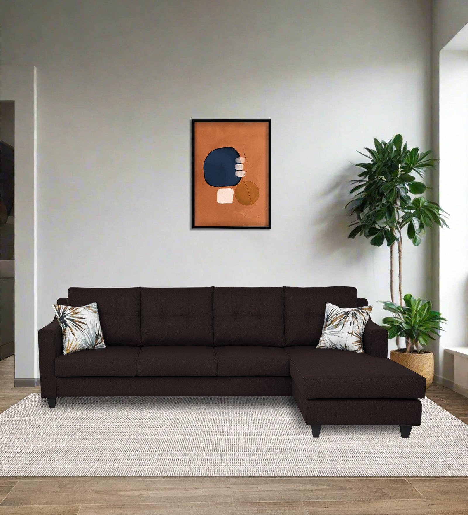 Welly Fabric LHS Sectional Sofa (3+Lounger) In Dark Brown Colour - Febonic Living