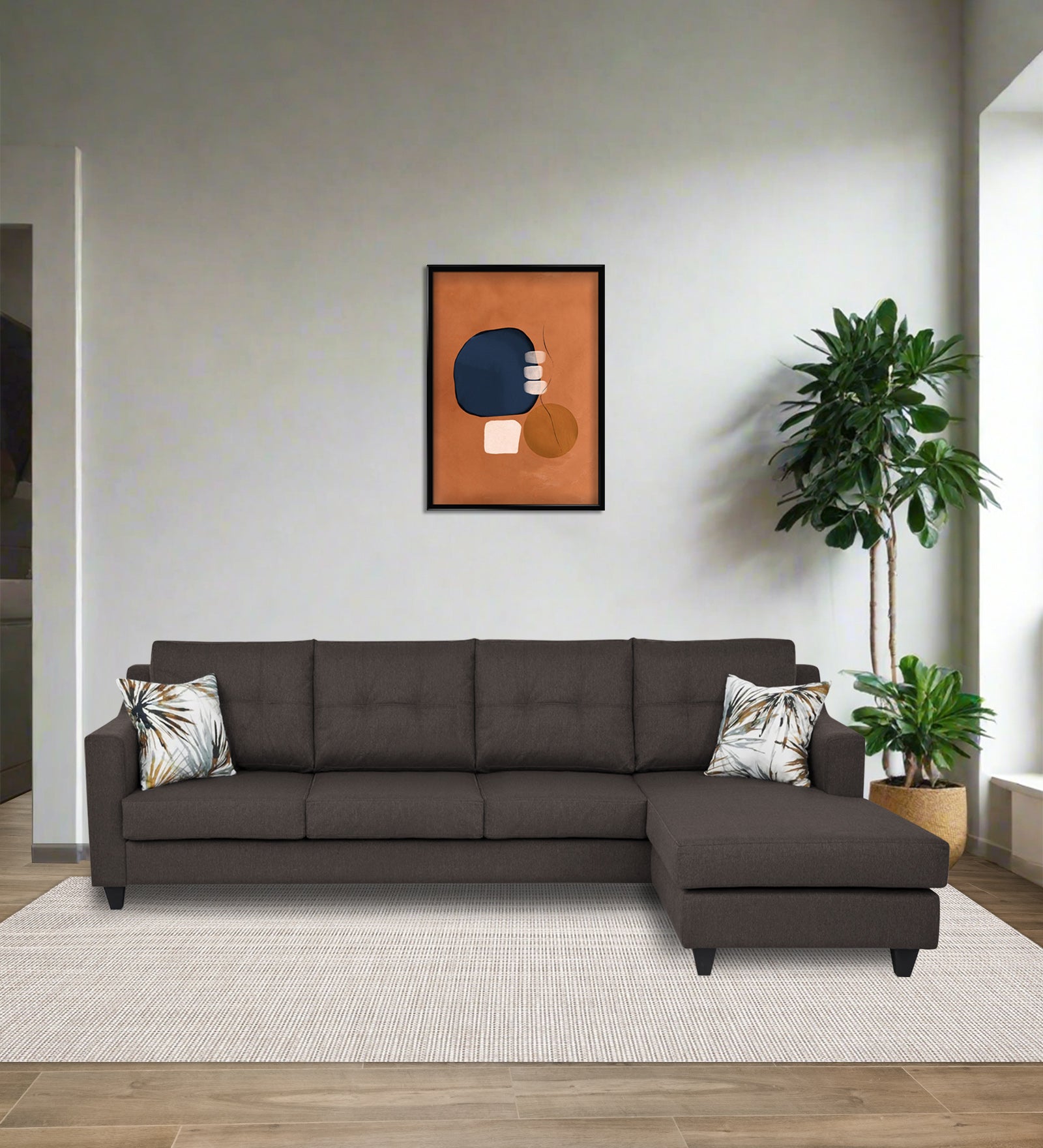 Welly Fabric LHS Sectional Sofa (3+Lounger) In Caspa Brown Colour - Febonic Living