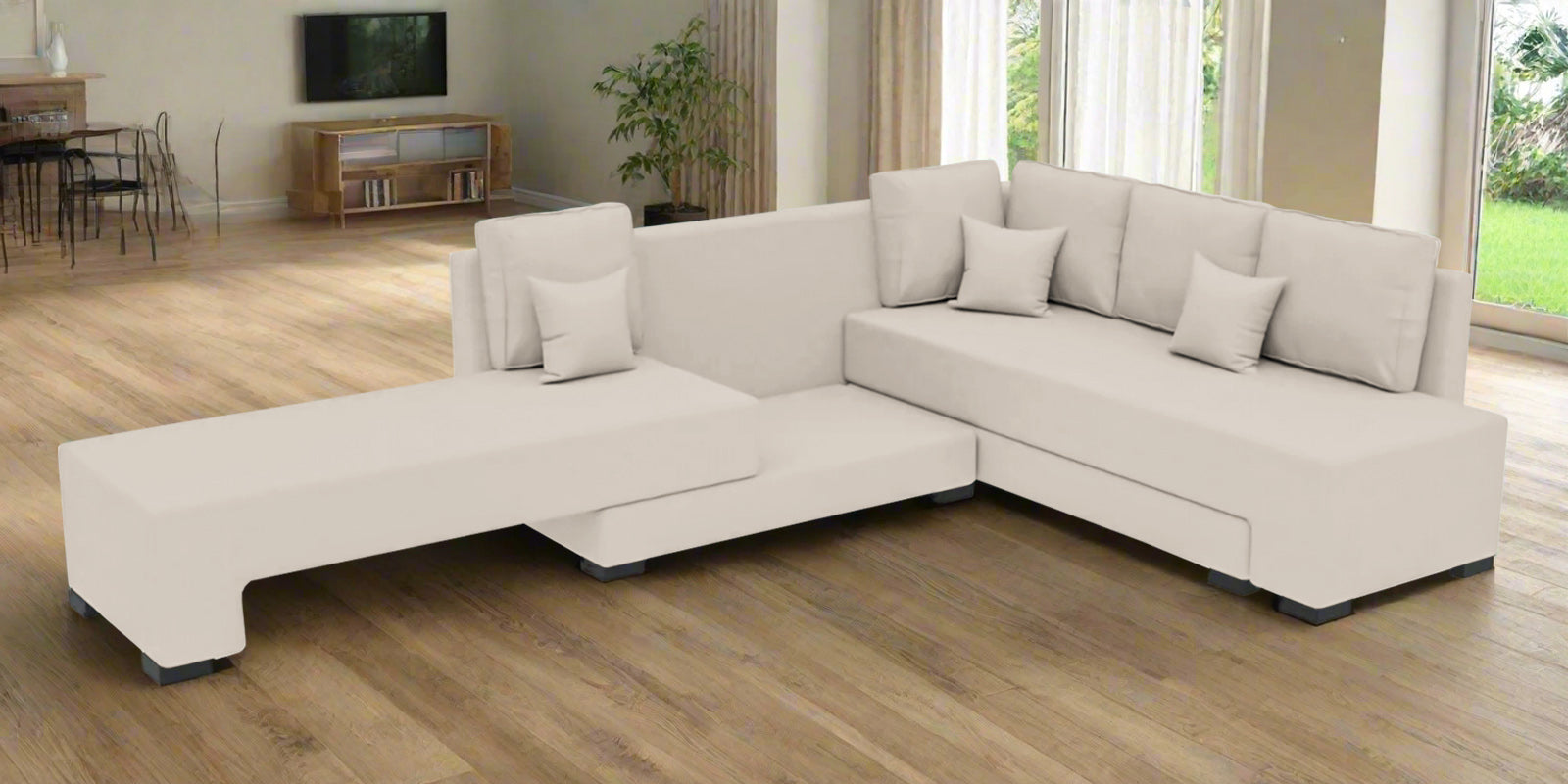 Corby Velvet RHS 6 Seater Convertible Sofa Cum Bed In Camel Beige Colour - Febonic Living