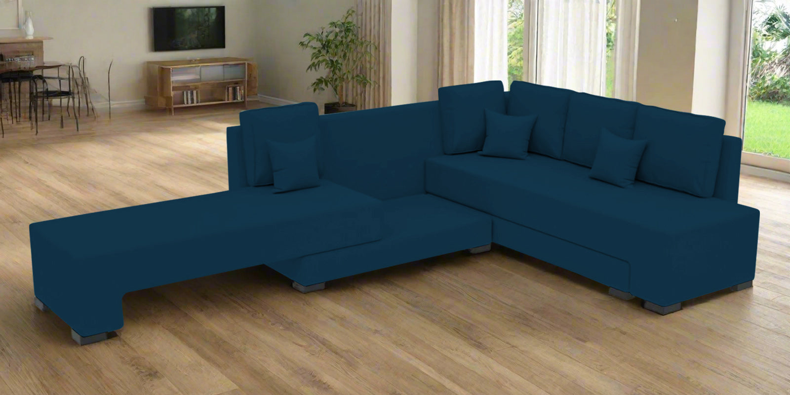 Corby Velvet RHS 6 Seater Convertible Sofa Cum Bed In Azure Blue Colour - Febonic Living
