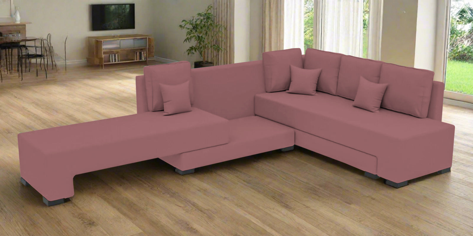 Corby Velvet RHS 6 Seater Convertible Sofa Cum Bed In Rose Pink Colour - Febonic Living
