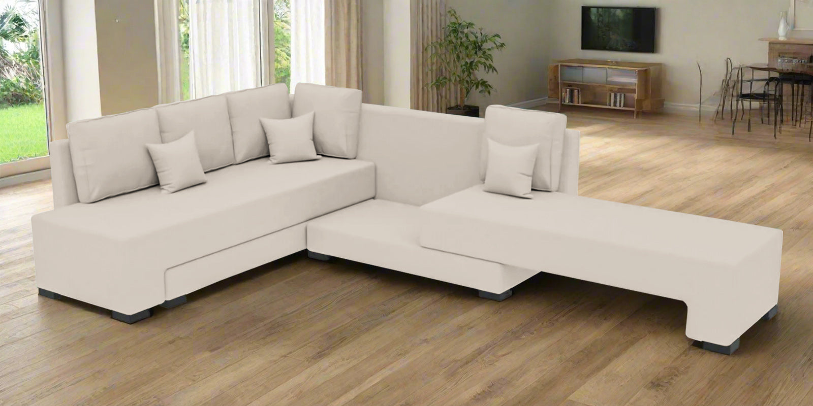 Corby Velvet LHS 6 Seater Convertible Sofa Cum Bed In Camel Beige Colour - Febonic Living