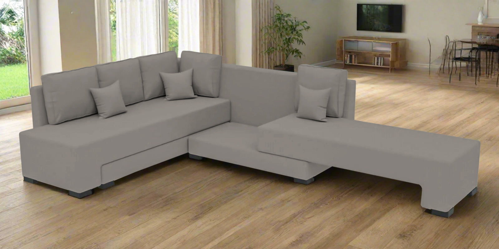 Corby Velvet LHS 6 Seater Convertible Sofa Cum Bed In Echo Grey Colour - Febonic Living