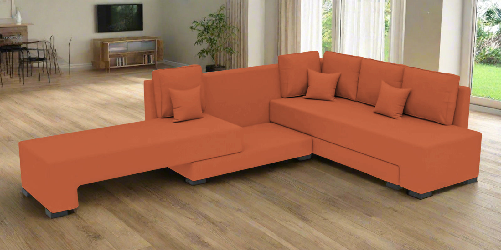 Corby Velvet RHS 6 Seater Convertible Sofa Cum Bed In Yam Orange Colour - Febonic Living