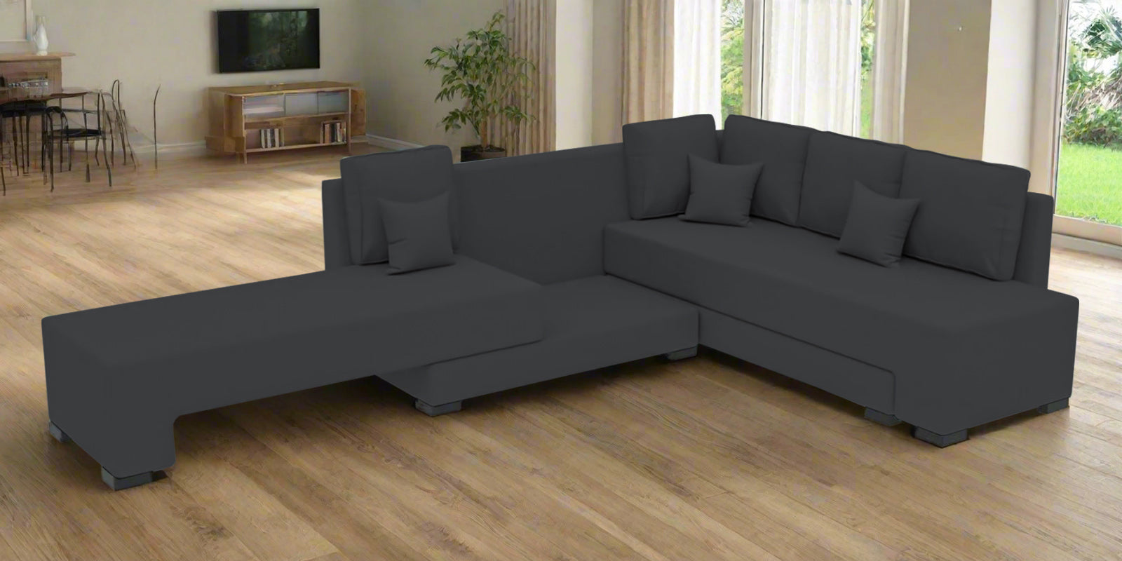 Corby Velvet RHS 6 Seater Convertible Sofa Cum Bed In Davy Grey Colour - Febonic Living