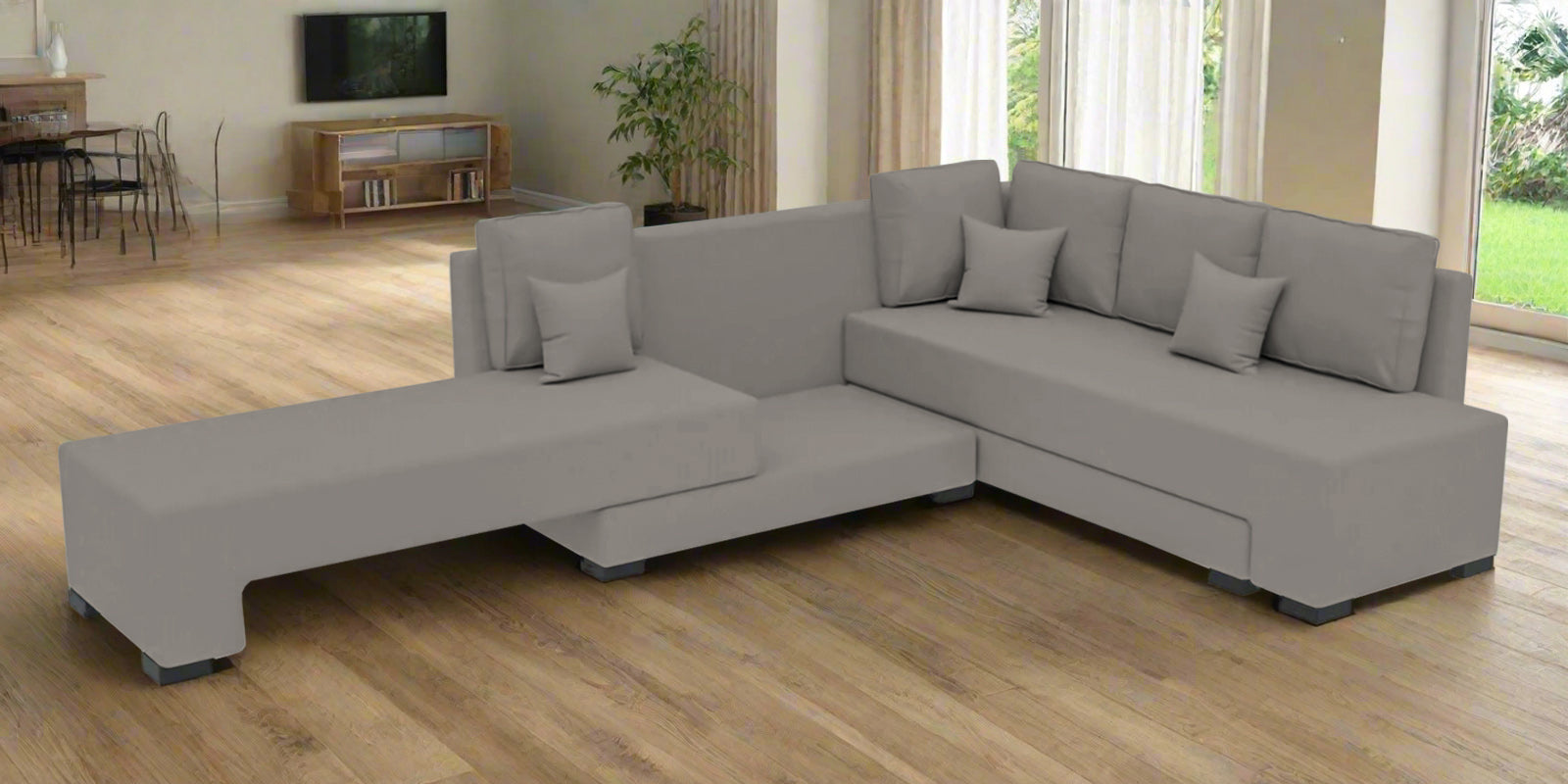 Corby Velvet RHS 6 Seater Convertible Sofa Cum Bed In Echo Grey Colour - Febonic Living