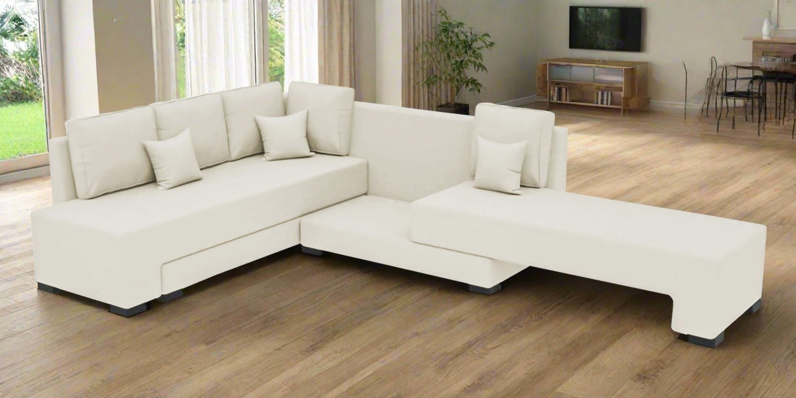 Corby Velvet LHS 6 Seater Convertible Sofa Cum Bed In Warm White Colour - Febonic Living