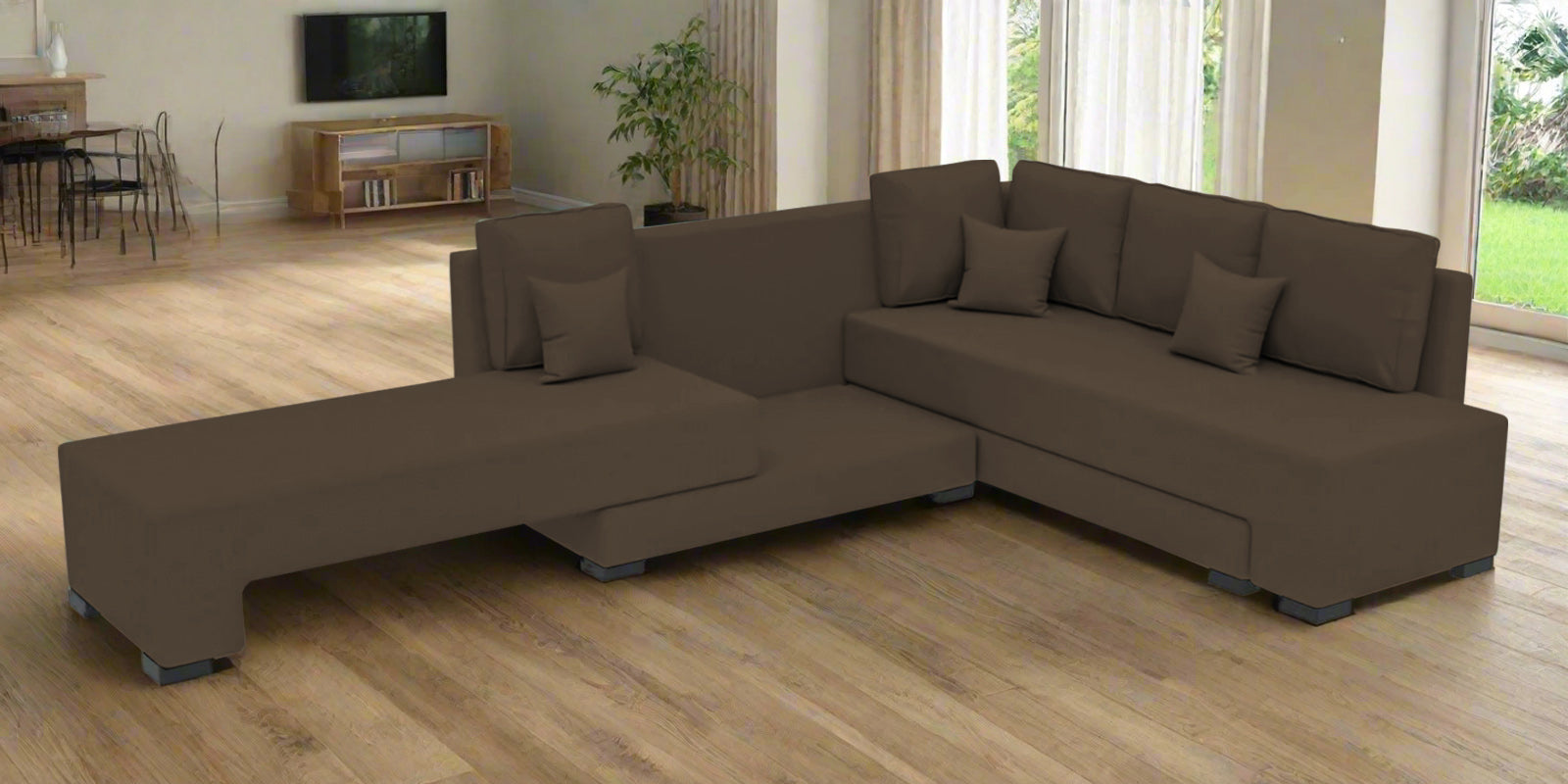 Corby Velvet RHS 6 Seater Convertible Sofa Cum Bed In Shade Brown Colour - Febonic Living