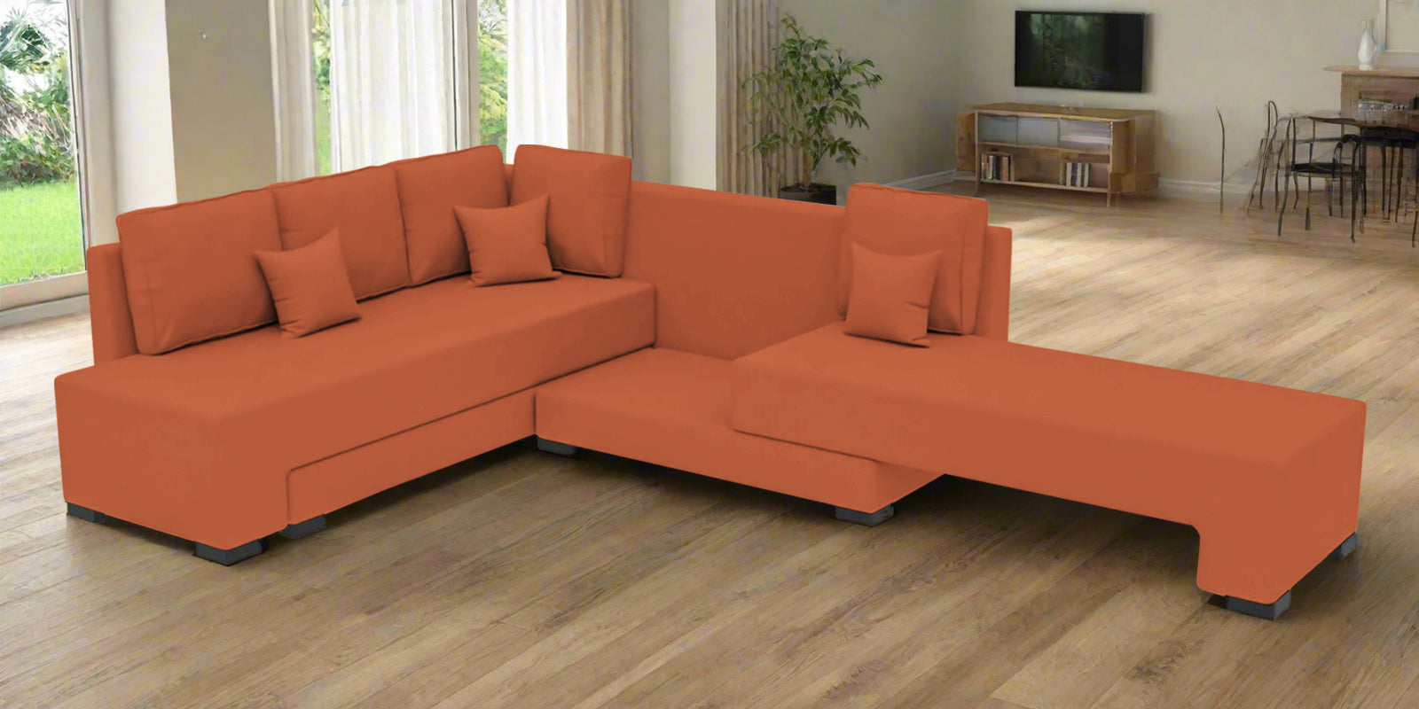 Corby Velvet LHS 6 Seater Convertible Sofa Cum Bed In Yam Orange Colour - Febonic Living